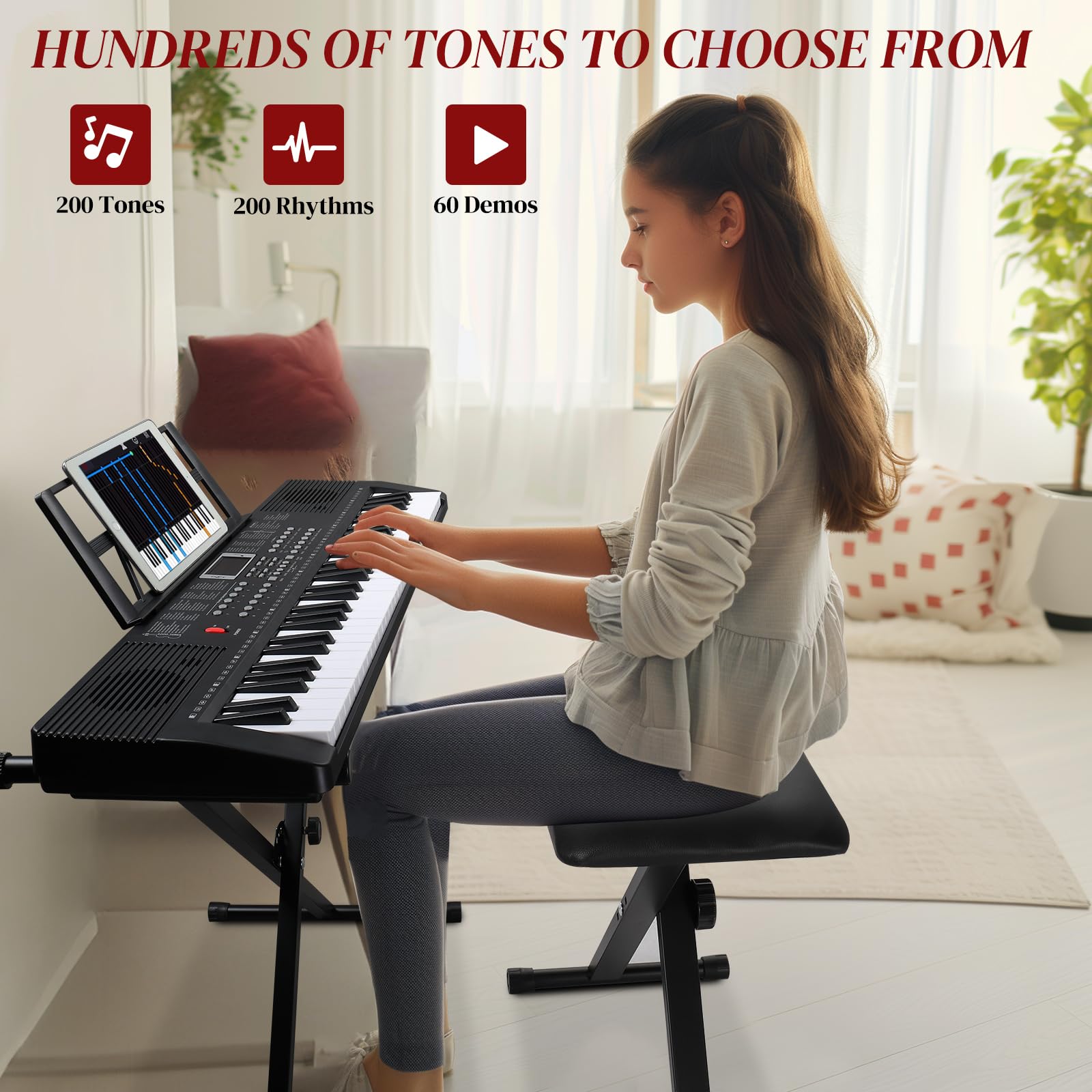 Ktaxon 61-Key Portable Electronic Keyboard Piano with X-Stand, Adjustable Stool, Music Rest, Headphones & Microphone - Ideal for Kids & Beginners - Perfect for Home Practice, Music Lessons & Performances