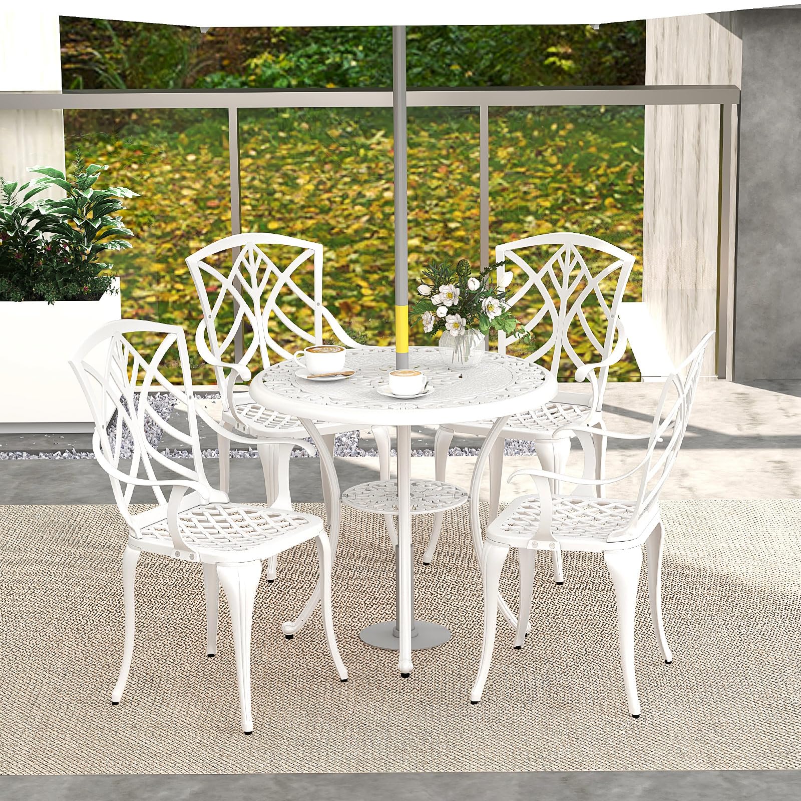 Tangkula 5-Piece Cast Aluminum Outdoor Dining Set - Round Table with 2” Umbrella Hole & 4 Armchairs, All-Weather Patio Furniture for Garden, Backyard, Balcony (White) - Perfect for Outdoor Entertaining & Relaxation