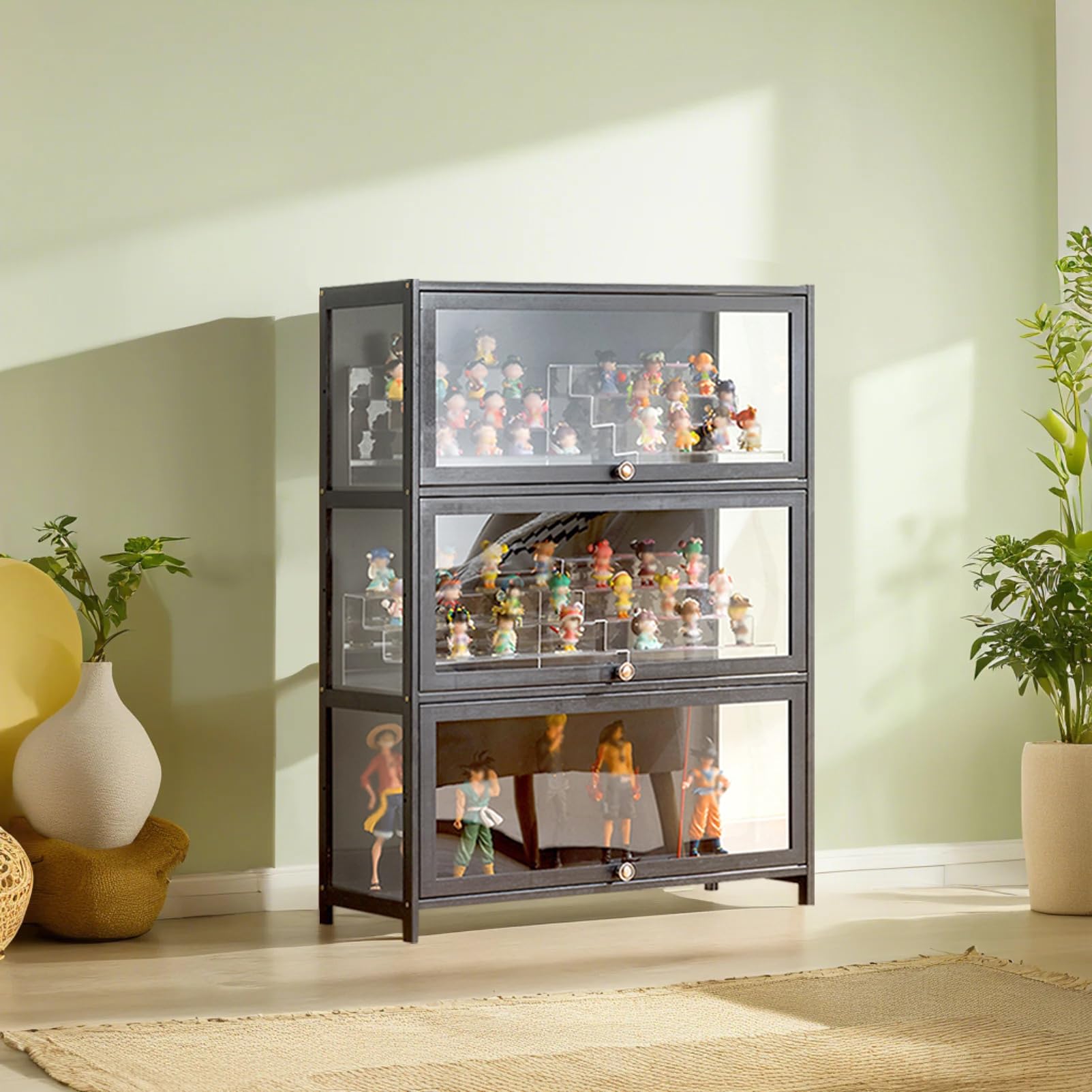 Acrylic Glass Door Display Cabinet - 3-Tier Storage Shelf for Collectibles, Toys & Home Decor | Perfect for Playroom, Bedroom & Retail Store (Gray)