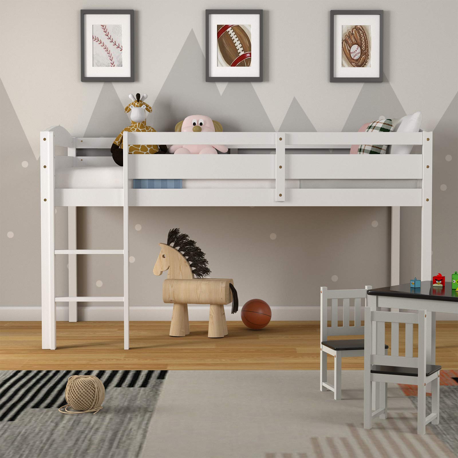 Costzon Twin Loft Bed with Guard Rail & Ladder - Solid Wood Low Loft Bed for Kids, No Box Spring Needed - Classic White Children's Bed with Storage - Perfect for Small Bedrooms, Dorm Rooms & Kids' Sleepovers