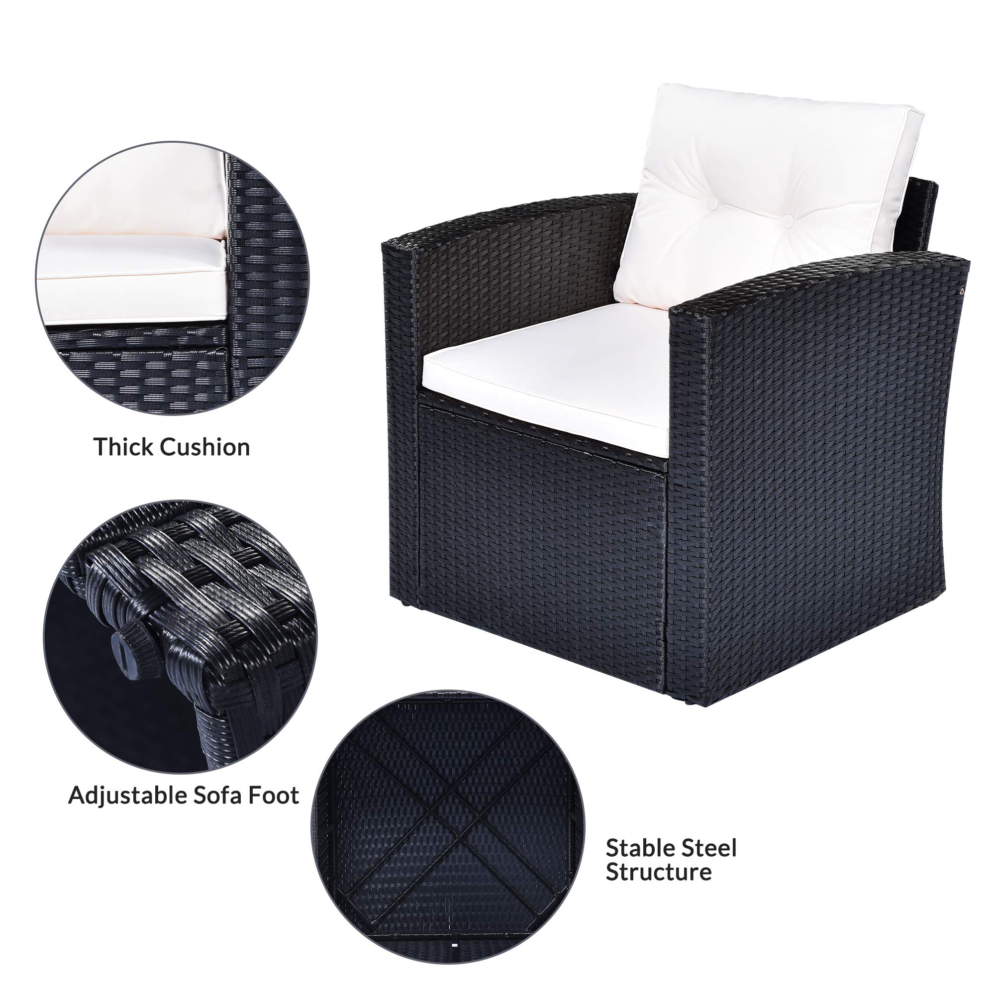 6-Piece Outdoor Patio Furniture Set - Rattan Wicker Sectional Sofa with Glass Coffee Table, Ottomans, Armchairs & Washable Cushions (Black + Beige) - Perfect for Backyard, Garden, Poolside & Patio Relaxation