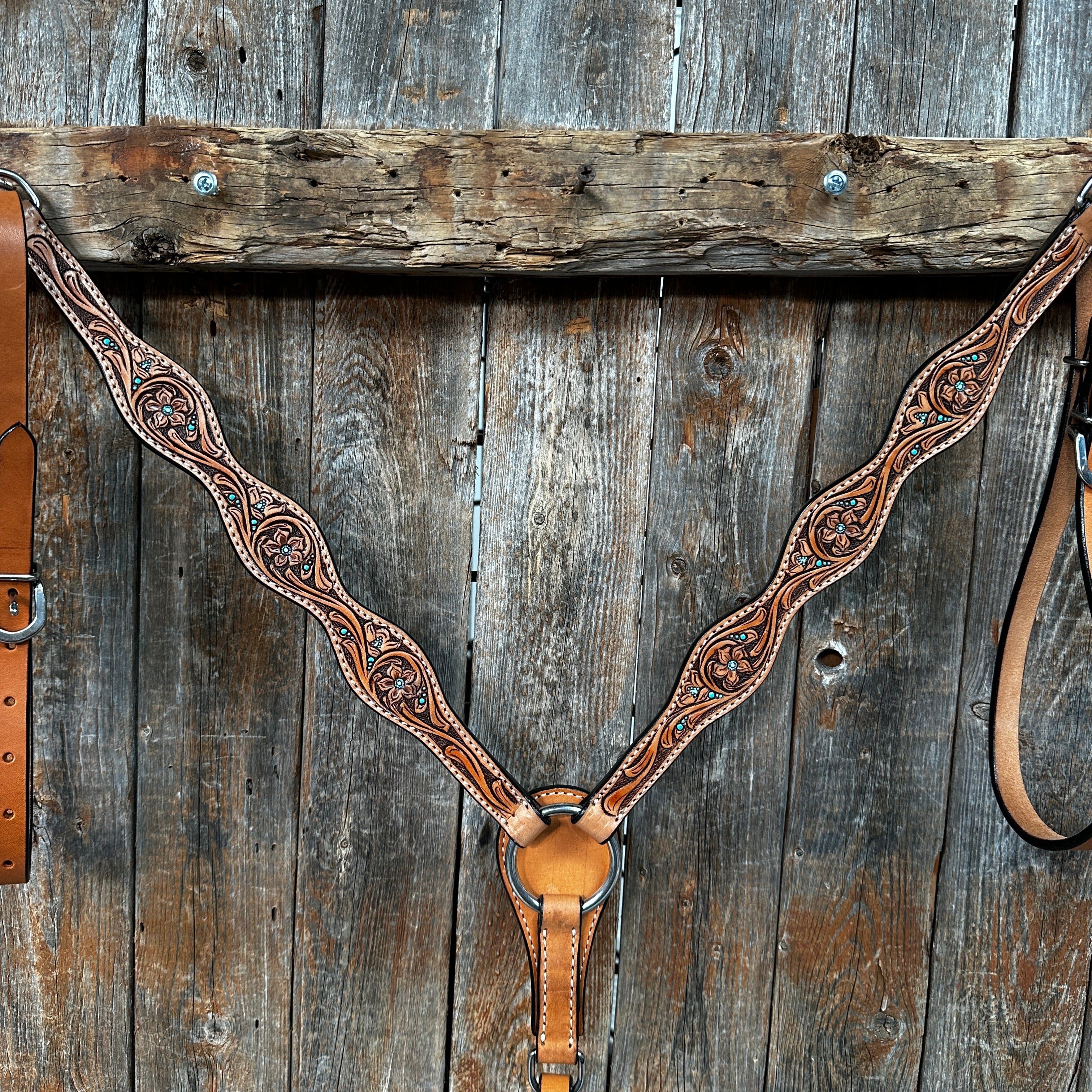 Elegant Light Oil Floral and Teal Dot Breastcollar #56258L - Perfect for Equestrian Shows, Horse Riding Competitions & Western Style Events