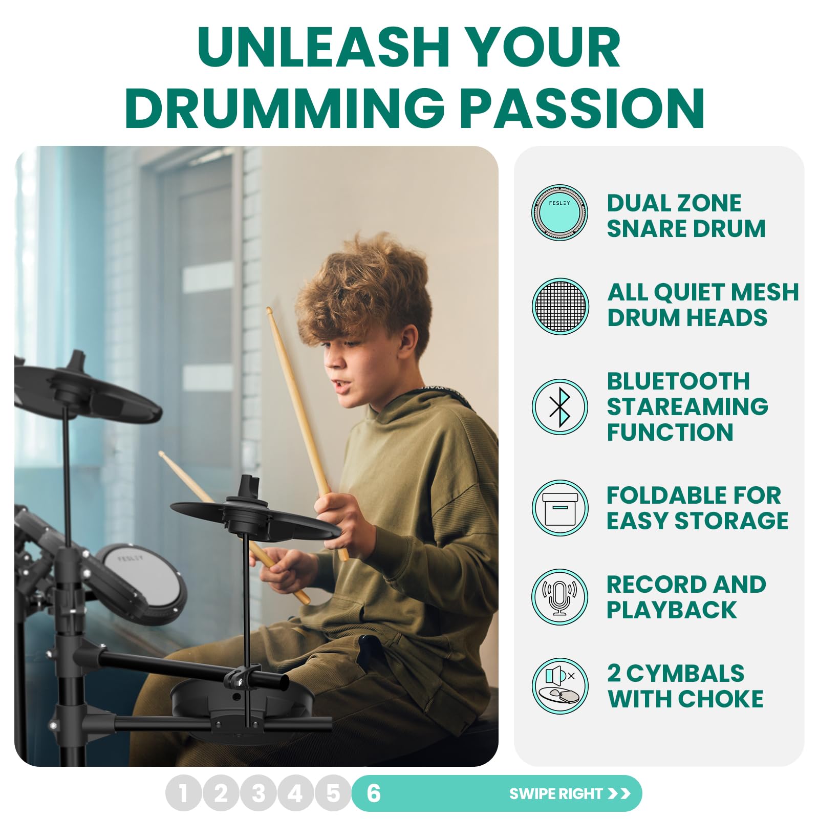 Fesley FED150W Electric Drum Set - 200 Sounds, 4 Quiet Mesh Pads, Dual Zone Snare, 2 Choke Cymbals | Portable Electronic Drum Kit for Beginners with Bluetooth, MIDI, Throne, Headphones & Sticks | Perfect for Home Practice, Studio Recording & Live Performances