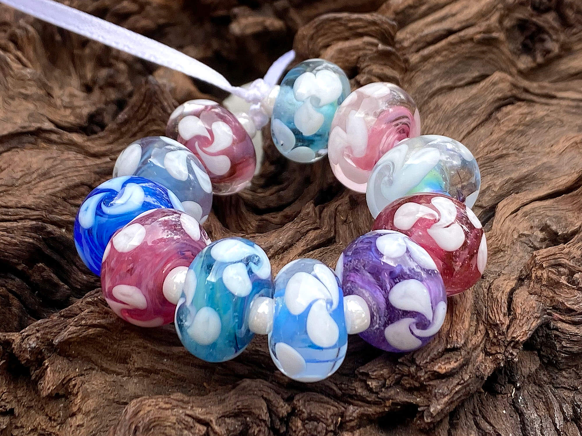11 Handmade Pastel Floral Lampwork Glass Beads Set - Perfect for Jewelry Making, DIY Crafts, and Gift Giving