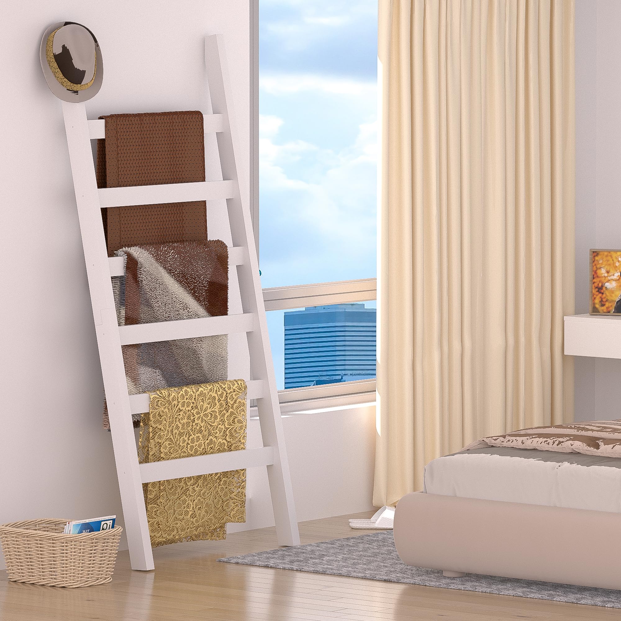 6-Tier Blanket Ladder - 68.9 Inch Tall Rustic Bamboo Blanket Rack & Wall Shelf for Bathroom, Living Room, Bedroom - White | Perfect for Organizing Throws, Quilts, and Towels in Home Decor