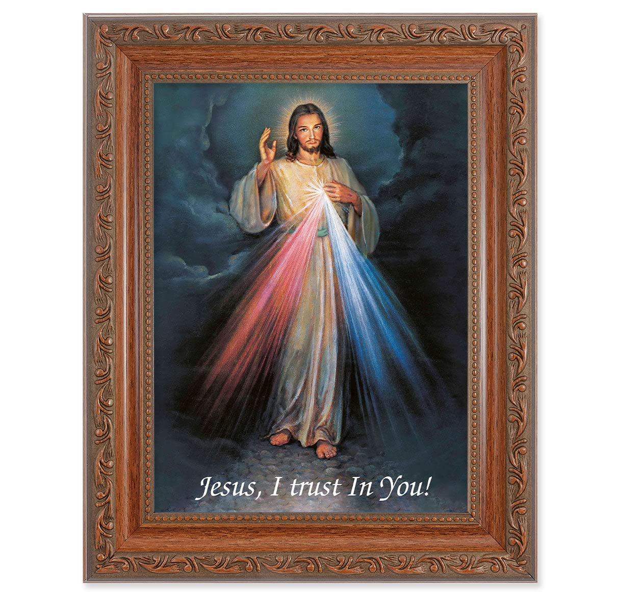 Divine Mercy Framed Wall Art - 12x16 Inch Religious Home Decor with Antique Dark Mahogany Finish & Acanthus Leaf Design - Perfect for Living Room, Bedroom, Church & Prayer Space