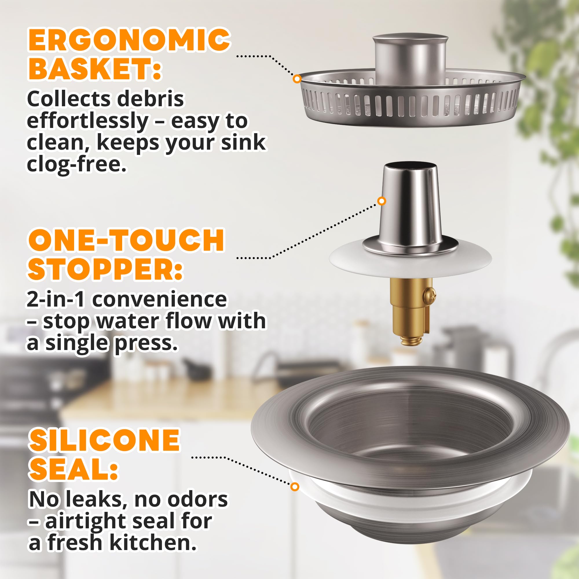 3-in-1 Kitchen Sink Drain Strainer with Leak-Proof Seal - Durable Stainless Steel Sink Stopper for Easy Installation & Cleaning - Perfect for Washing Dishes, Fruits & Vegetables in Standard Kitchen Sinks