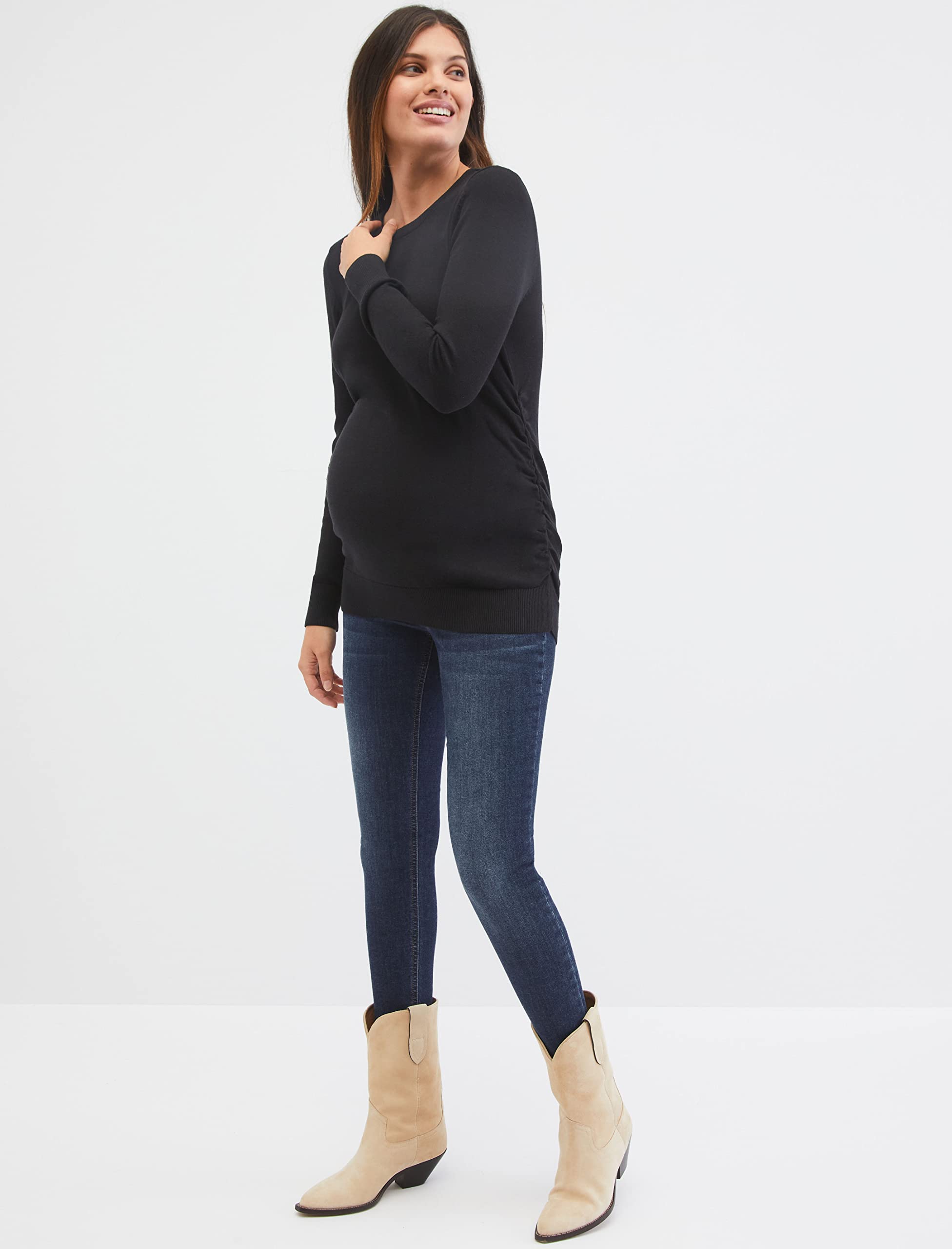 Motherhood Maternity Women's Classic Crew Neck Solid Maternity Sweater - Soft Stretchy Pregnancy Knit Top for Comfortable Everyday Wear