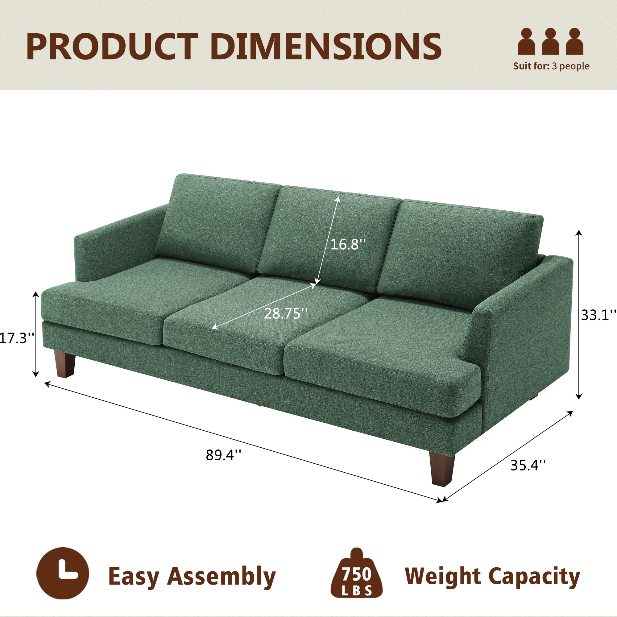 Mid Century Modern 3-Seater Sofa Couch - 89
