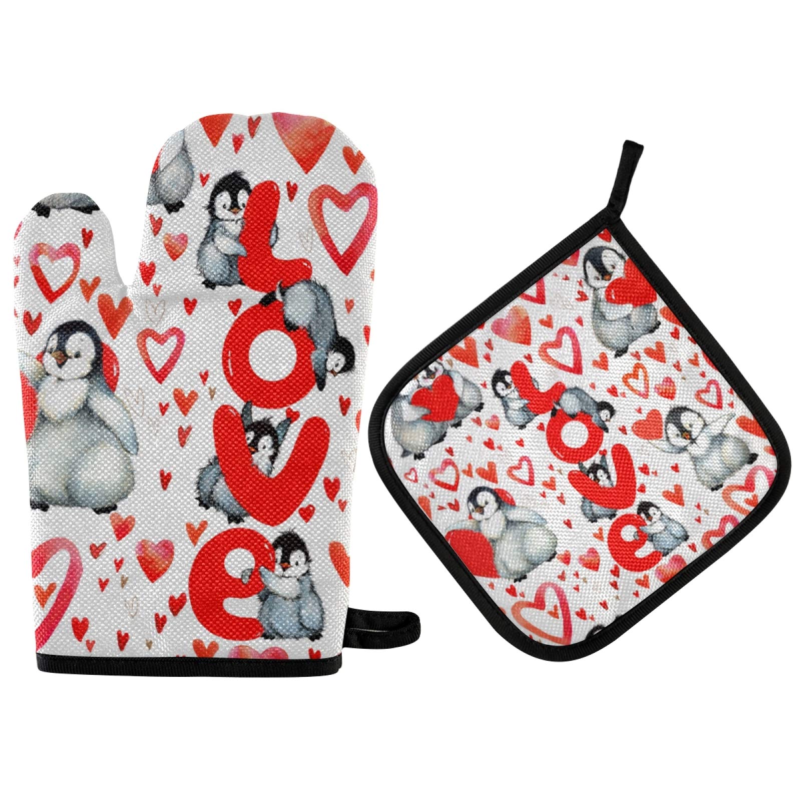 Cute Penguins Love Oven Mitts and Pot Holder Set - 2pcs Heat Resistant Non-Slip Kitchen Accessories for Women, Perfect for Cooking, Baking & BBQ | Mother's Day Gift Idea for Mom with Red Heart Design