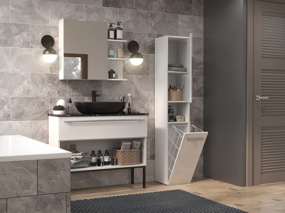 ADGO High Bathroom Cabinet NEL III - Space-Saving Bathroom Storage Organizer with Laundry Basket & Column Bookcase - Modern Bathroom Furniture for Small Spaces - Perfect for Toiletries, Towels & Home Organization