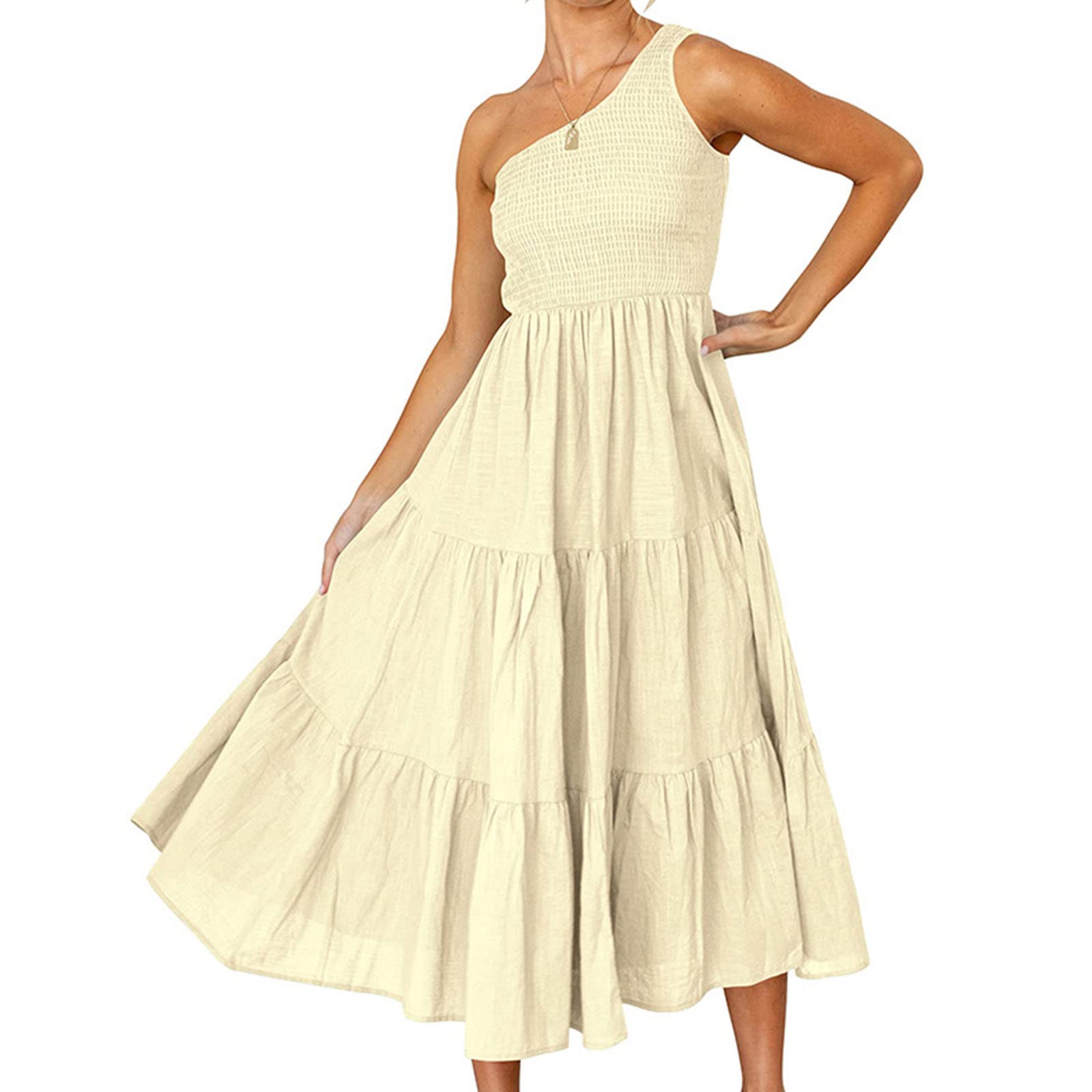 Women's Floral Summer Dress - One Shoulder Sleeveless Smocked Midi Dress with Flowy Off-Shoulder Design | Perfect for Beach Vacations, Date Nights & Summer Parties