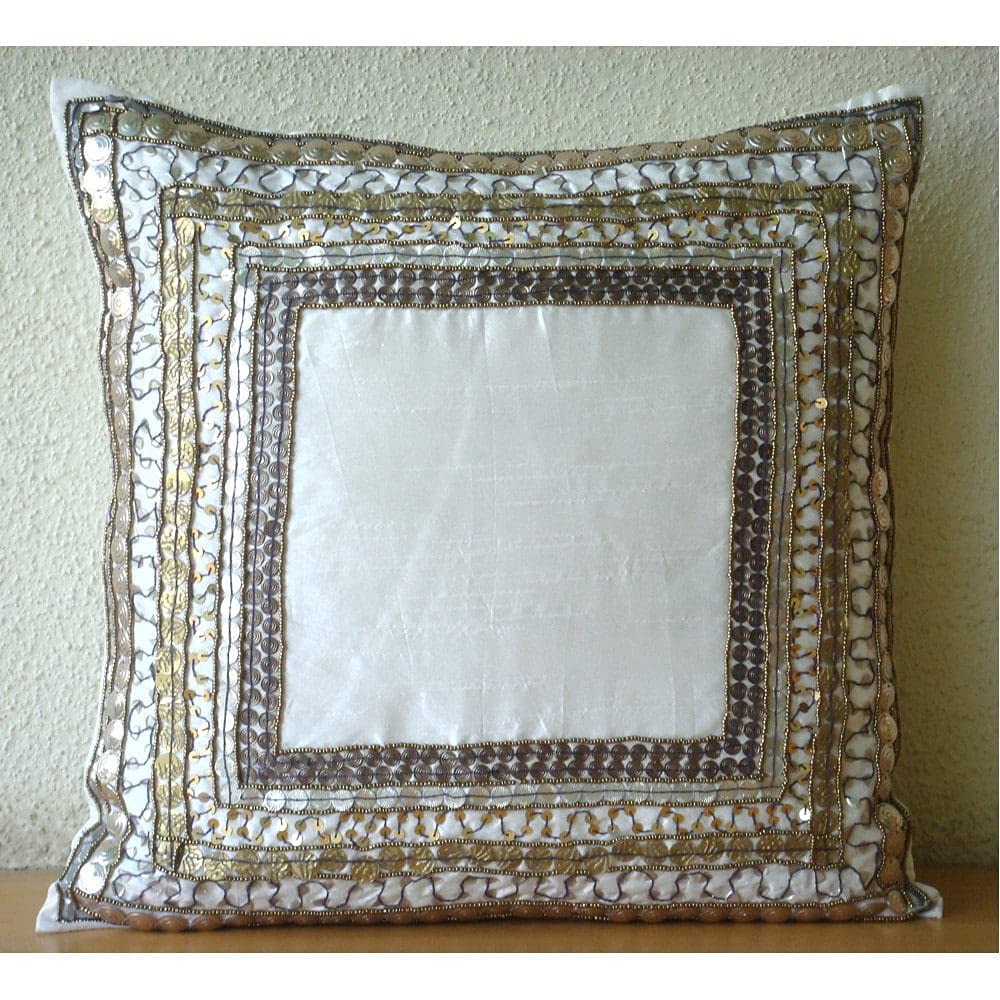 3D Sequins Ivory Throw Pillow Covers 14x14 Inch - Luxury Silk Square Decorative Pillow Cases with Embroidered Border for Sofa, Bedroom & Living Room Decor