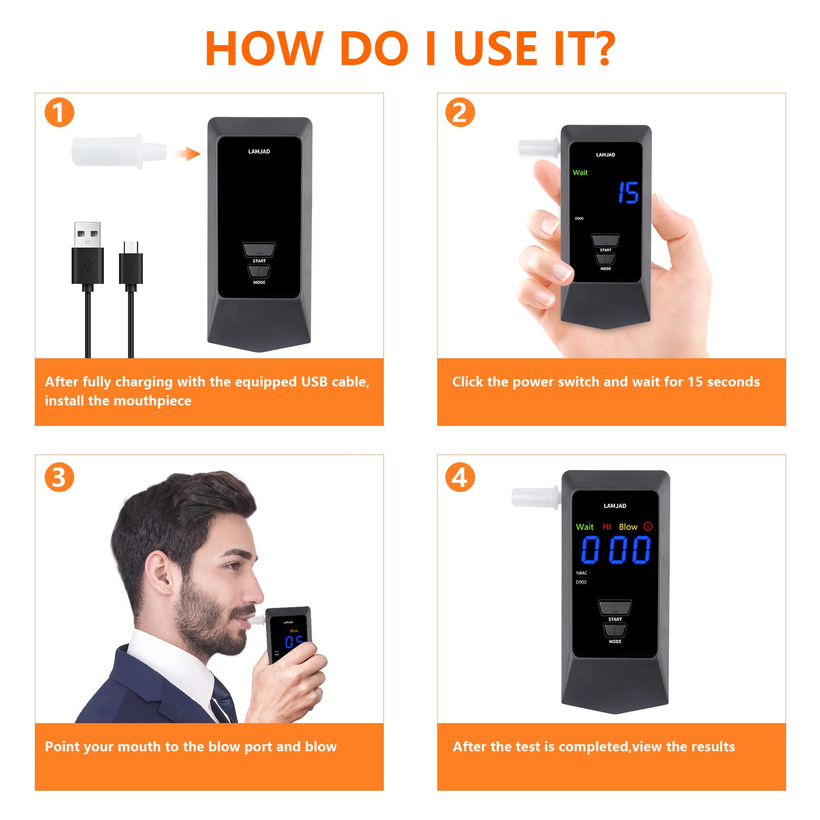 LAMJAD D900 Professional Digital Alcohol Breathalyzer with LED Display & USB Charger - 8 Mouthpieces Included - Semiconductor Sensor Technology for Personal & Workplace Safety Testing
