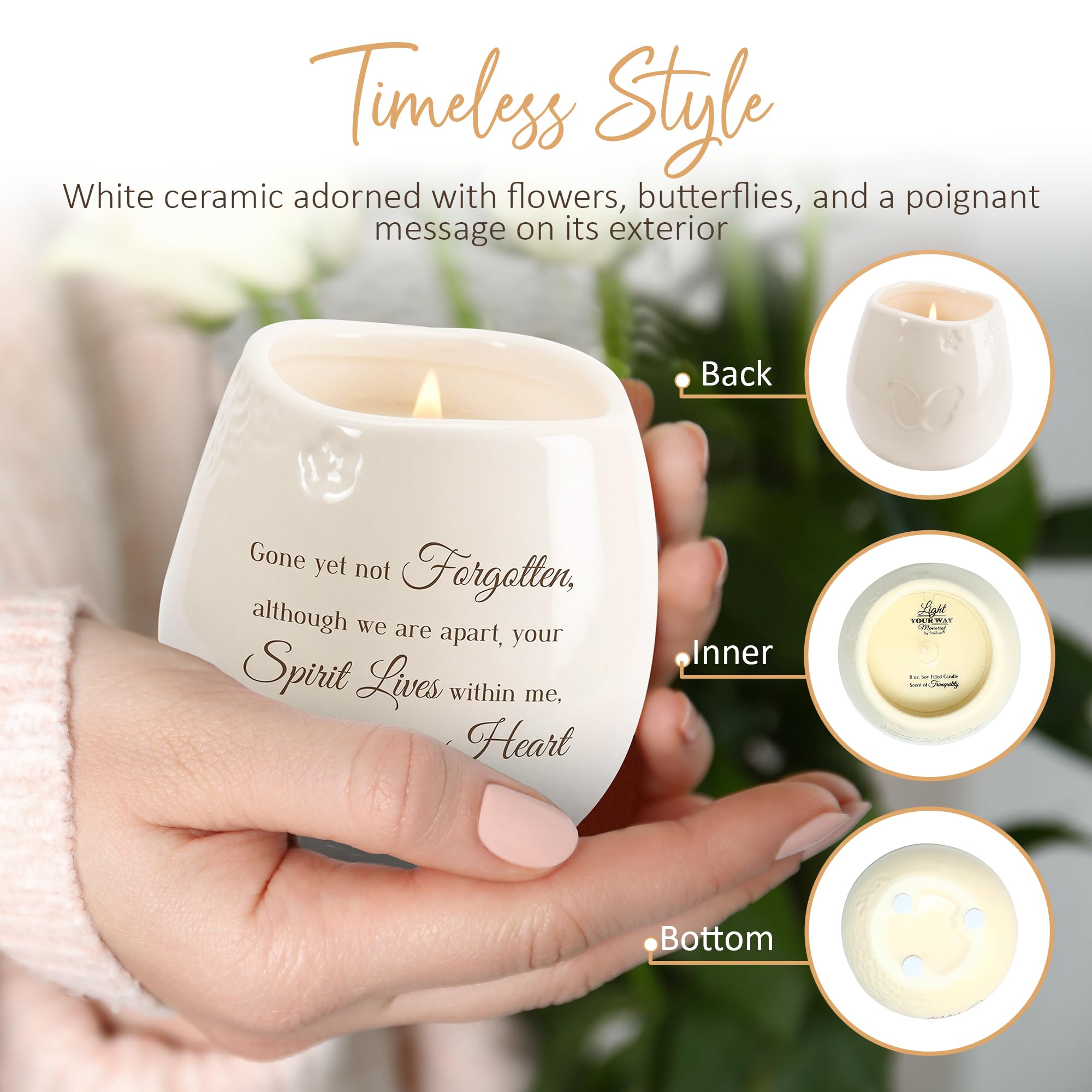 White Ceramic Candle Holder - 8 Oz Soy Wax Candle with Tranquility Scent - Printed Love Theme Text - Memorial Gift for Loved Ones | Home Decor, Sympathy Gift, Memorial Service, Healing Ritual