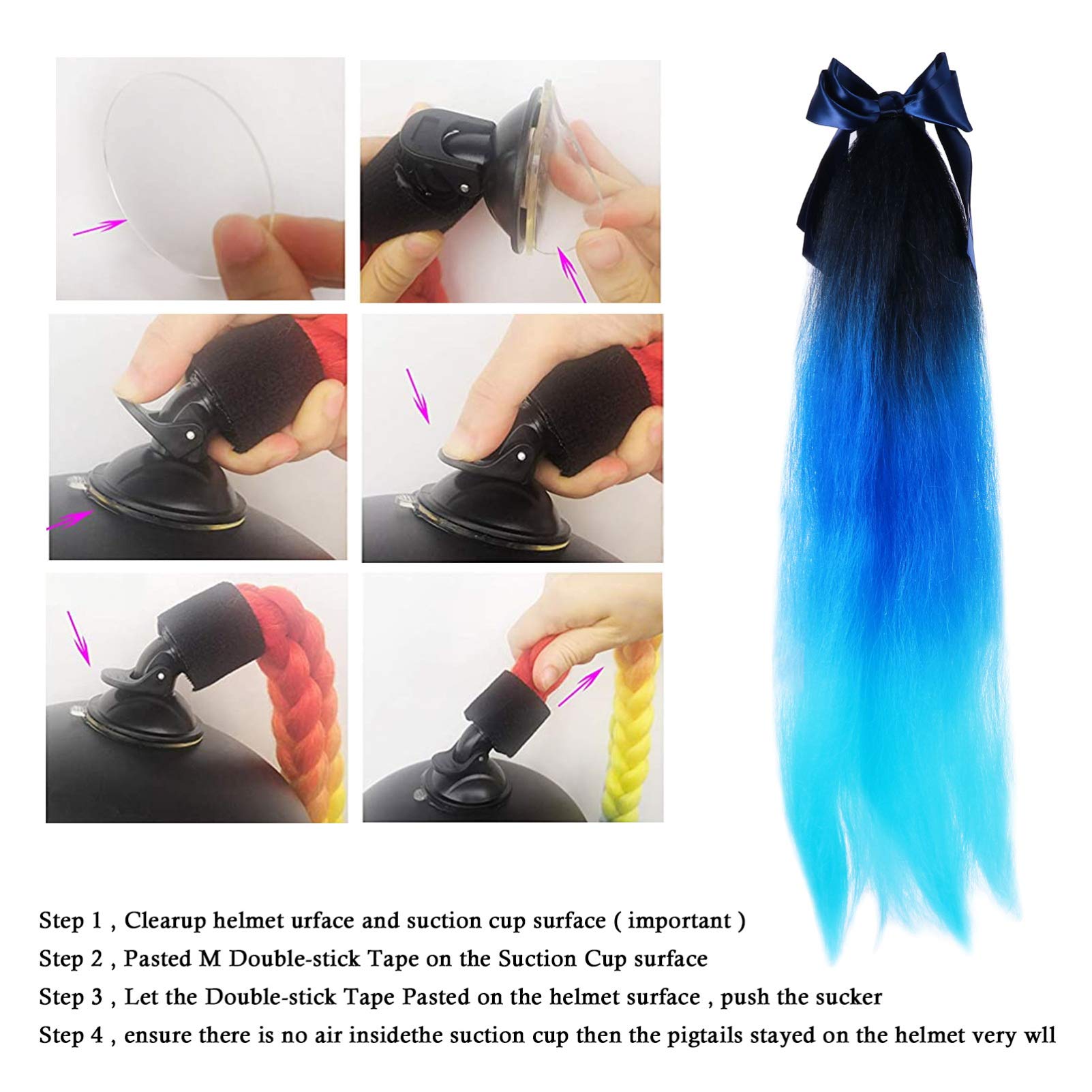 VORCOOL Motorcycle Helmet Hair Pigtails - Black & Yellow Ponytail Wigs with Suction Cup for Bike Helmets | Perfect for Motorcycle Riders, Cosplay & Costume Parties
