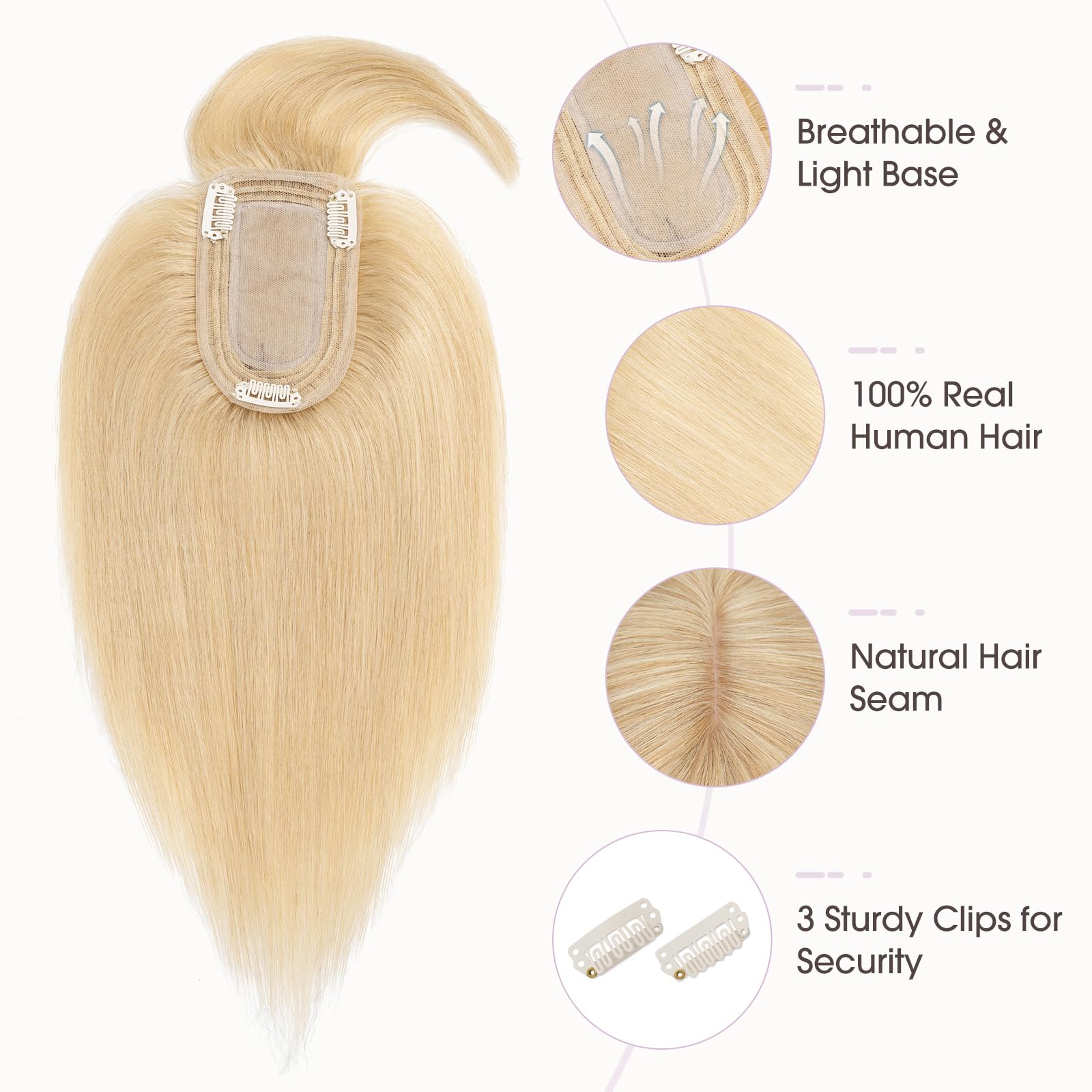 100% Real Human Hair Toppers with Bangs for Women - 16 Inch Blonde Clip-in Hairpiece (2.8
