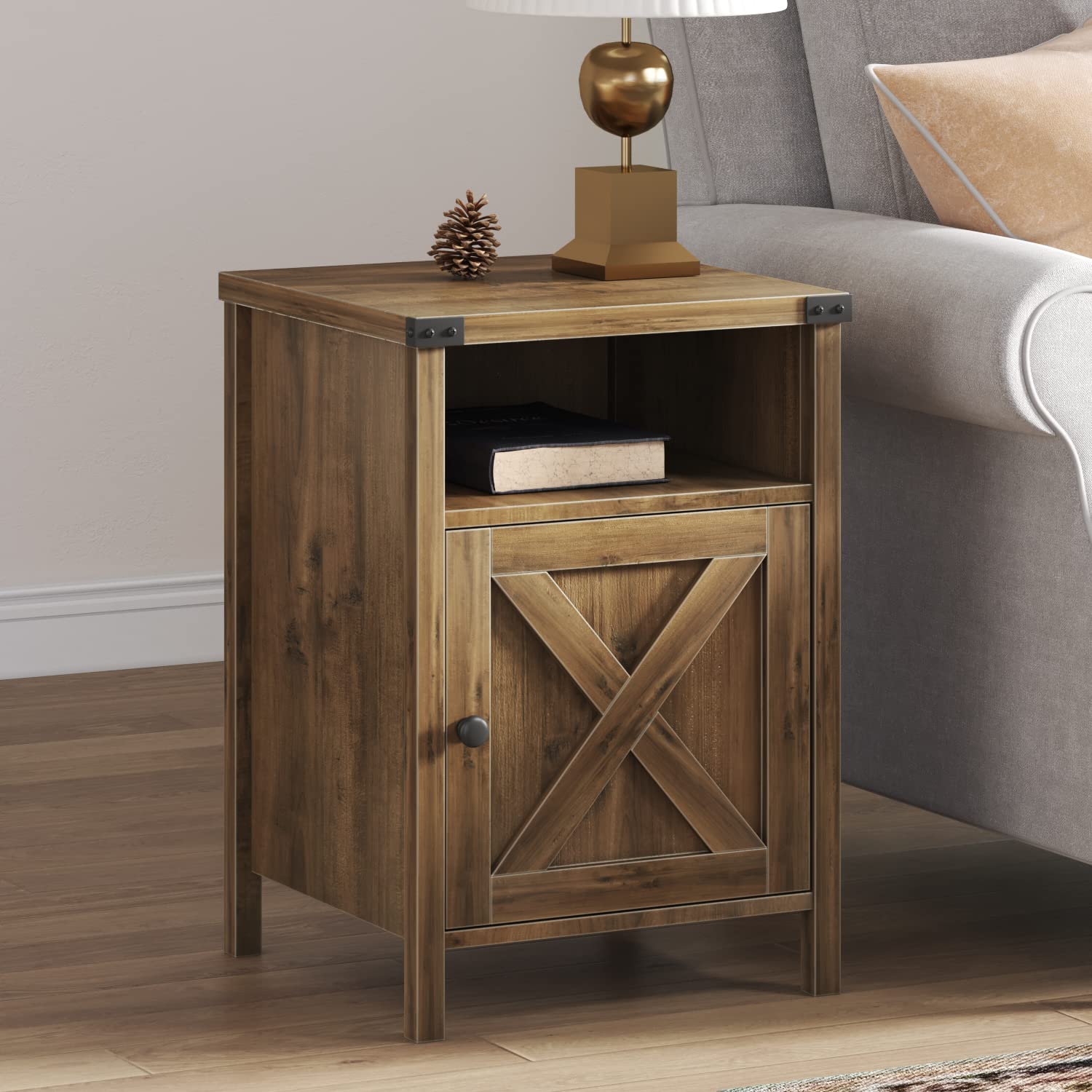 Rustic Oak End Table Set of 2 - Farmhouse Nightstand with Barn Door & Shelf, Side Table for Bedroom & Living Room | Perfect for Cozy Home Decor, Farmhouse Style Bedside Tables, and Rustic Living Room Accent Furniture
