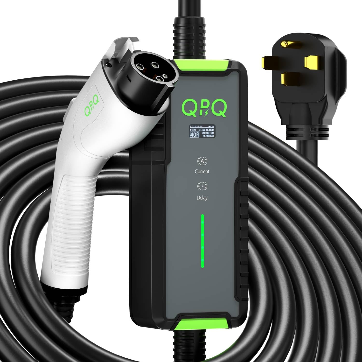 QPQ Level 2 EV Charger 40A 240V - Portable Electric Vehicle Charging Station with Adjustable Current & Timer, J1772 Plug & 21ft Cable (NEMA 14-50) - Fast Home & Travel Charging for Tesla, Chevy, Nissan EVs