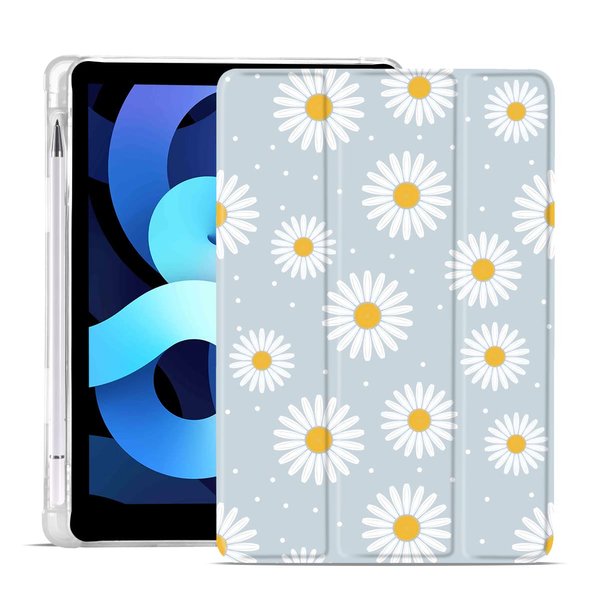 MAYCARI White Daisy iPad 10.2 Inch Case (2021/2020/2019) with Pencil Holder - Cute Protective Cover for iPad 9th/8th/7th Generation - Soft TPU Back & Auto Sleep/Wake Slim Shell - Perfect for School, Work & Travel