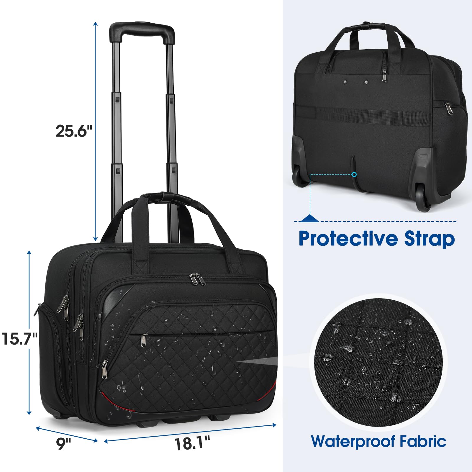 **NUBILY 17.3 Inch Rolling Laptop Bag - Waterproof Wheeled Briefcase for Men & Women with RFID Pockets, Underseat Carry-On Luggage - Perfect for Business Travel, Office Commute & Airplane Use (Black, Quilted Design)**