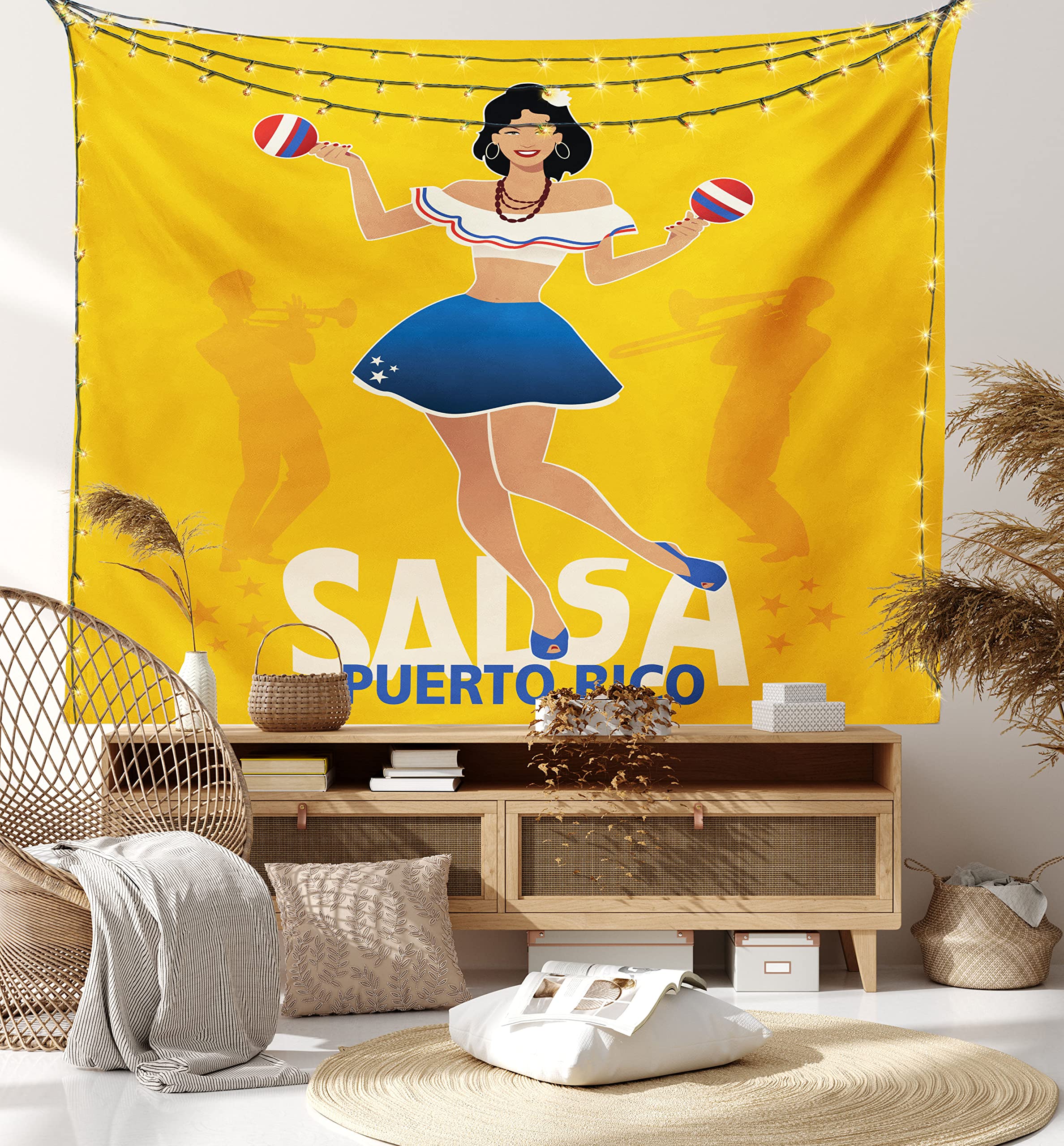 Lunarable Puerto Rico Tapestry - Vibrant Salsa Dancing Girl with Maracas, Trombonist & Trumpeter Silhouette Wall Art - 80x60 Inch Large Wall Hanging for Bedroom, Living Room, Dorm Decor - Perfect for Latin Music Lovers & Tropical Theme Parties