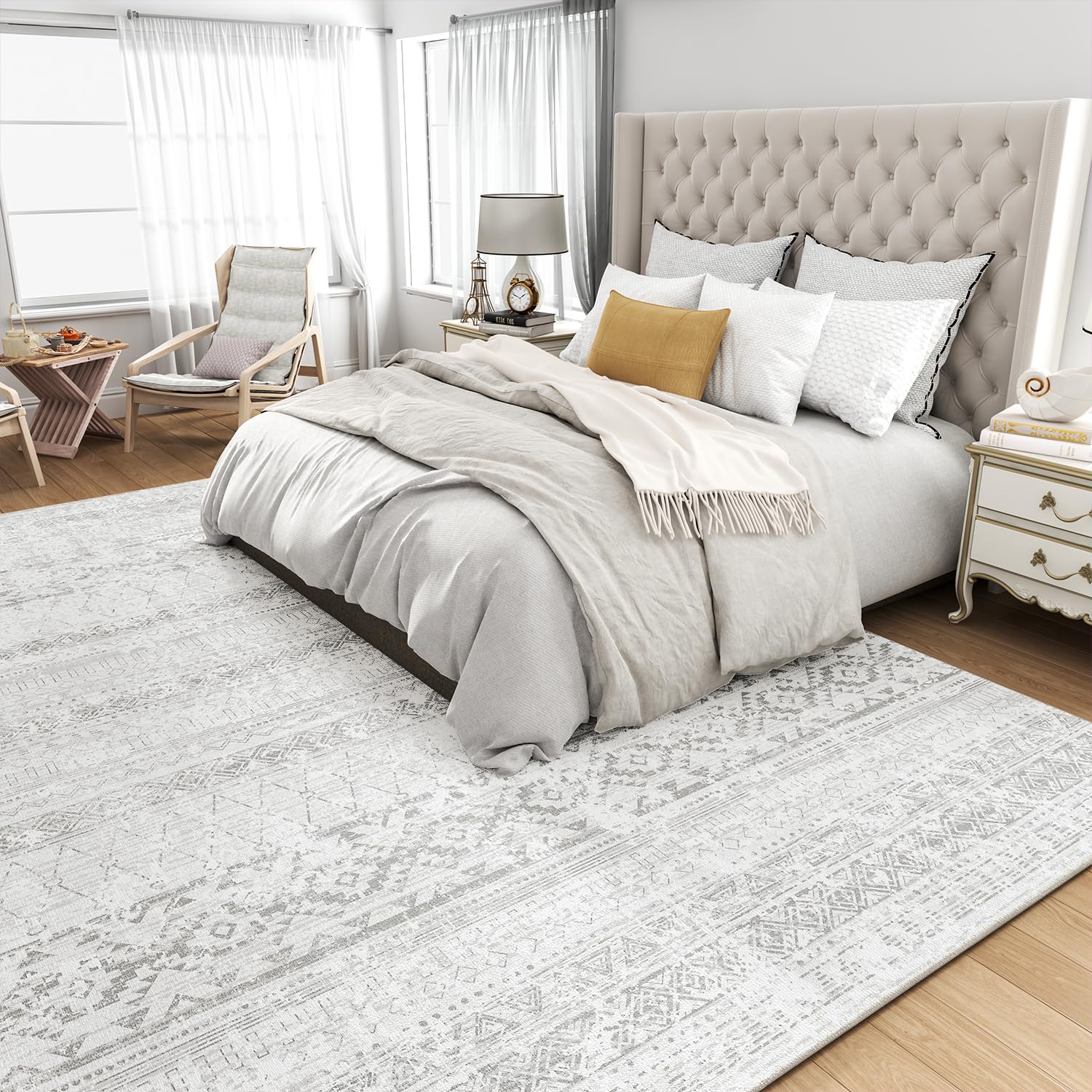 5x7 ft Boho Moroccan Area Rug - Distressed Neutral Grey Washable Carpet for Living Room, Bedroom & Dining Room | Perfect for Home Decor, Cozy Spaces & Boho Chic Style