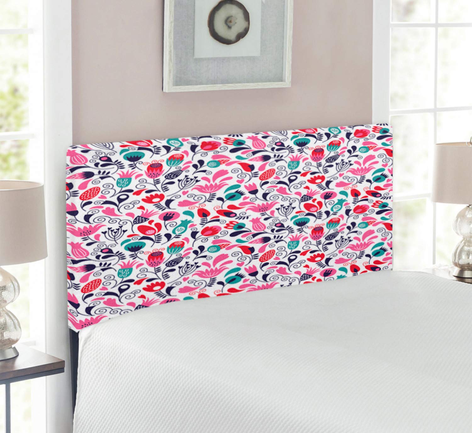 Ambesonne Tulip Upholstered Headboard - Floral Design with Swirling Tulips & Branches, Twin Size Metal Bed Headboard with Memory Foam in Pink Teal Red - Perfect for Bedroom Decor, Guest Rooms & Cozy Home Makeovers