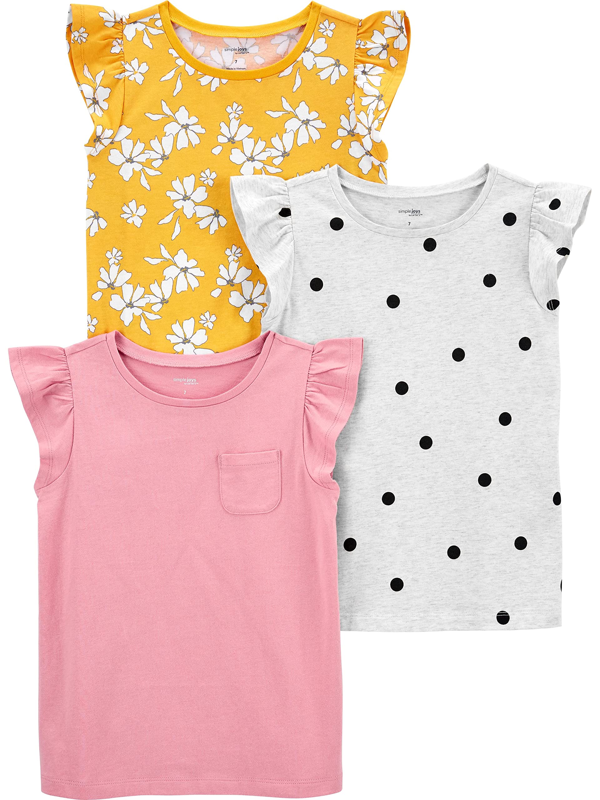 Simple Joys by Carter's Girls' Short-Sleeve Shirts & Tops - 3 Pack | Soft Cotton Casual Tees for Toddlers & Kids | Perfect for Playdates, School & Everyday Wear