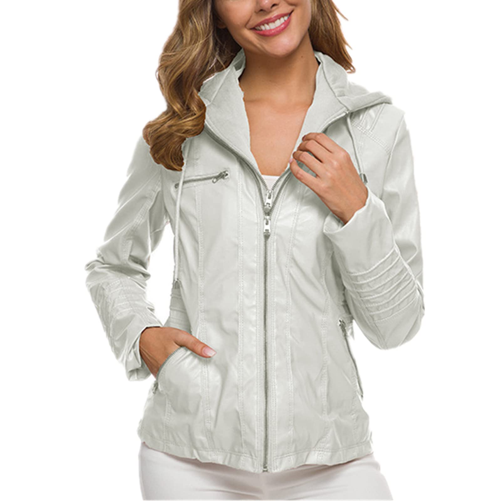 ANNA GARDEN Women's Slim Fit Stand Collar Leather Jacket - White XL | Classic Solid Color Coat for Spring & Autumn | Perfect for Office Wear, Dating & Casual Outfits