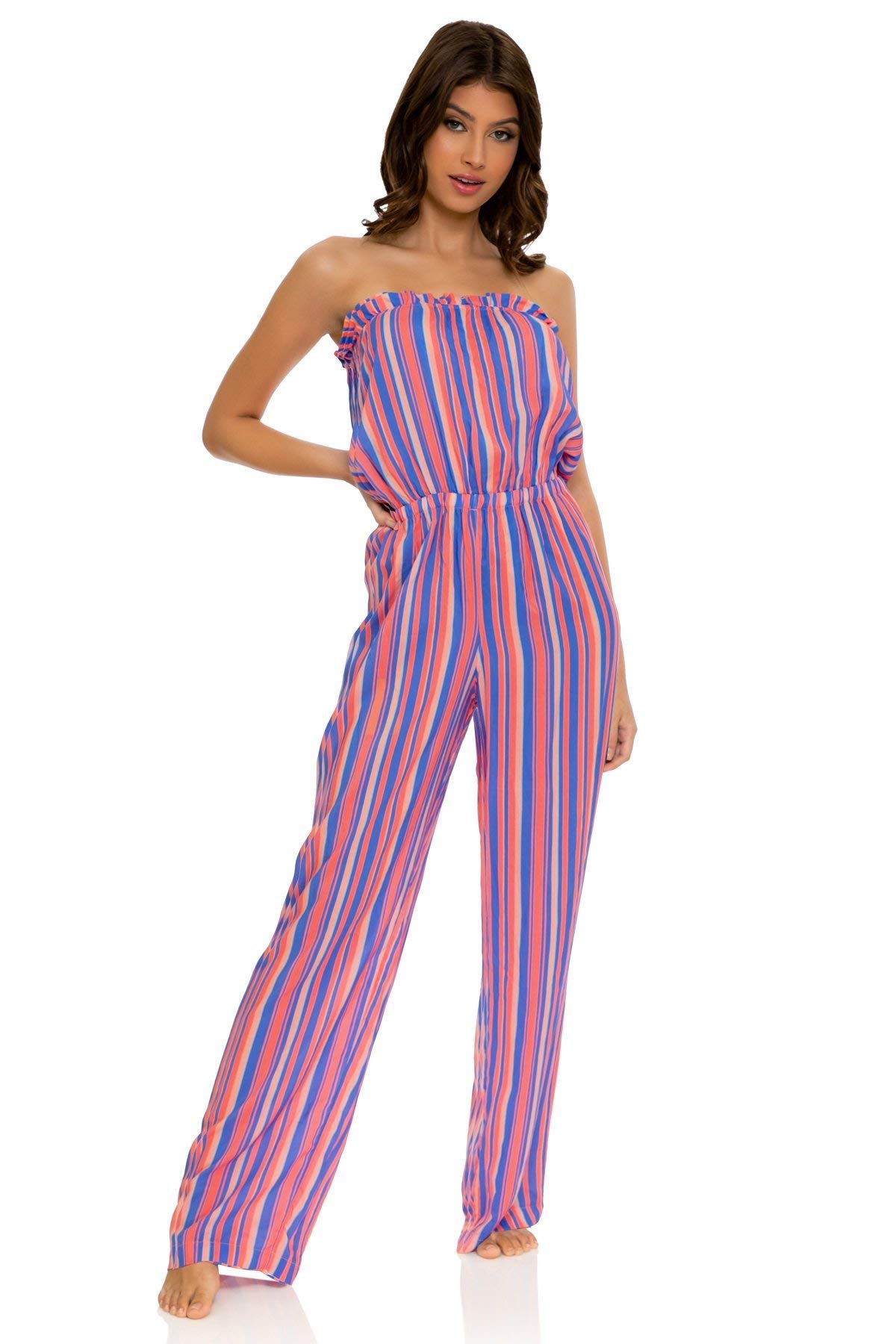 Luli Fama Play TIME Strapless Ruffle Jumpsuit - Women's Sexy One Piece Swimsuit Cover Up for Beach, Pool & Vacation