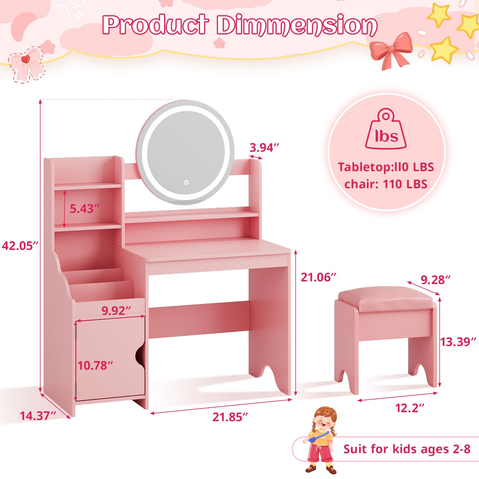 **Vabches Kids Vanity Set with LED Lights - Princess Makeup Vanity Desk with Open Bookshelf, Storage Cabinet & Shelves - Toddler Vanity Table & Chair Set - Pretend Play Dress Up Toy for Little Girls (Pink) - Perfect for Bedroom, Playroom & Birthday Gifts**