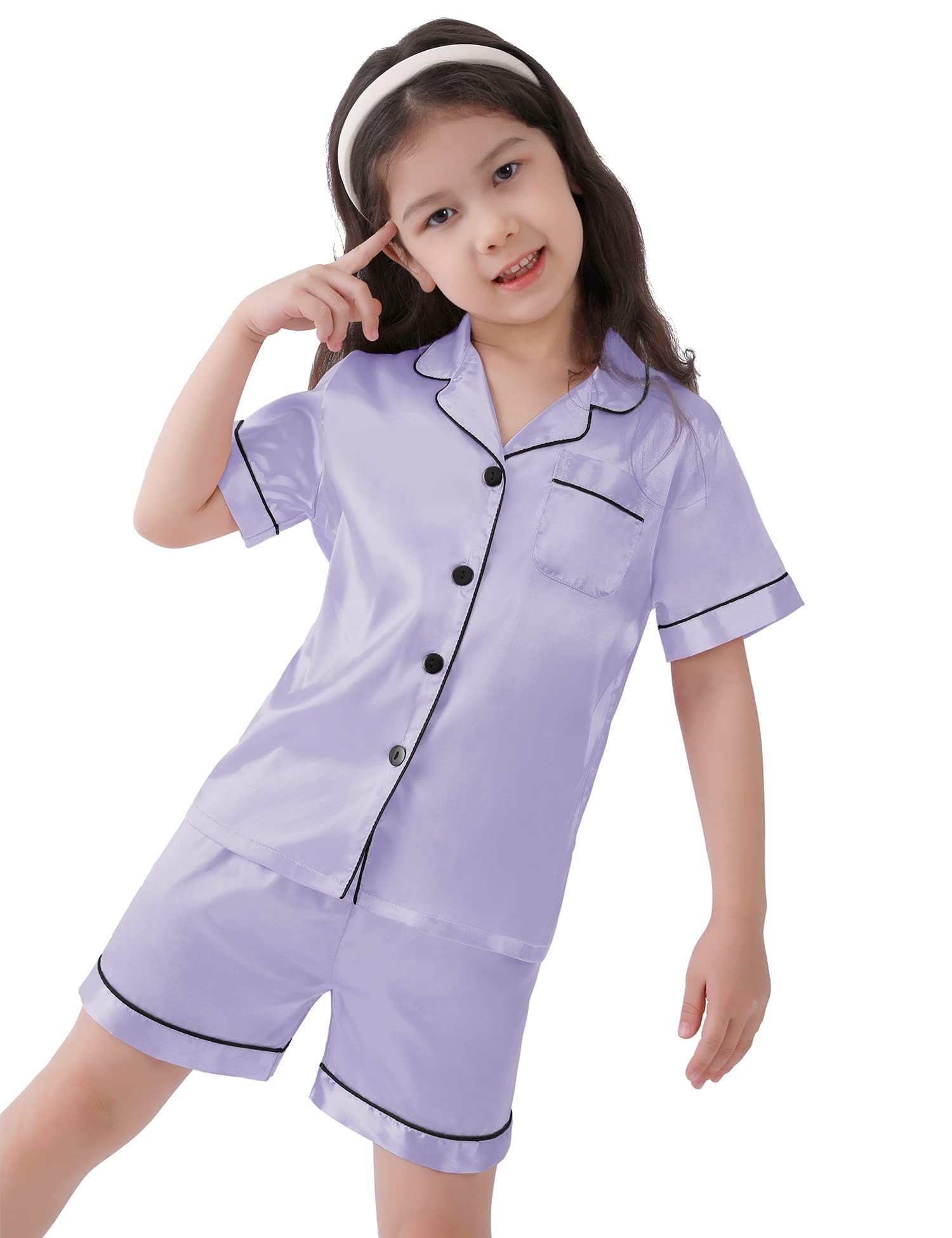 SWOMOG Kids Satin Pajama Set for Girls & Boys - Soft Button-Down Short Sleeve Silk Nightwear 2-Piece Lounge Outfit - Perfect for Sleepovers, Birthday Gifts & Cozy Family Nights