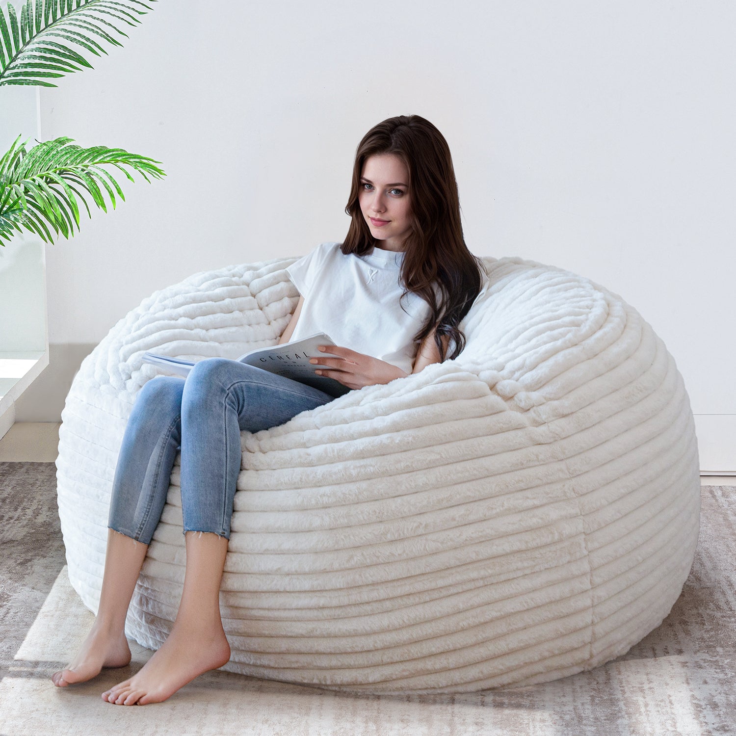 MAXYOYO Giant Bean Bag Chair Bed - Striped Faux Fur Convertible Sofa Bed for Adults & Kids, Beige - Perfect for Living Room, Bedroom, Dorm & Game Room Relaxation