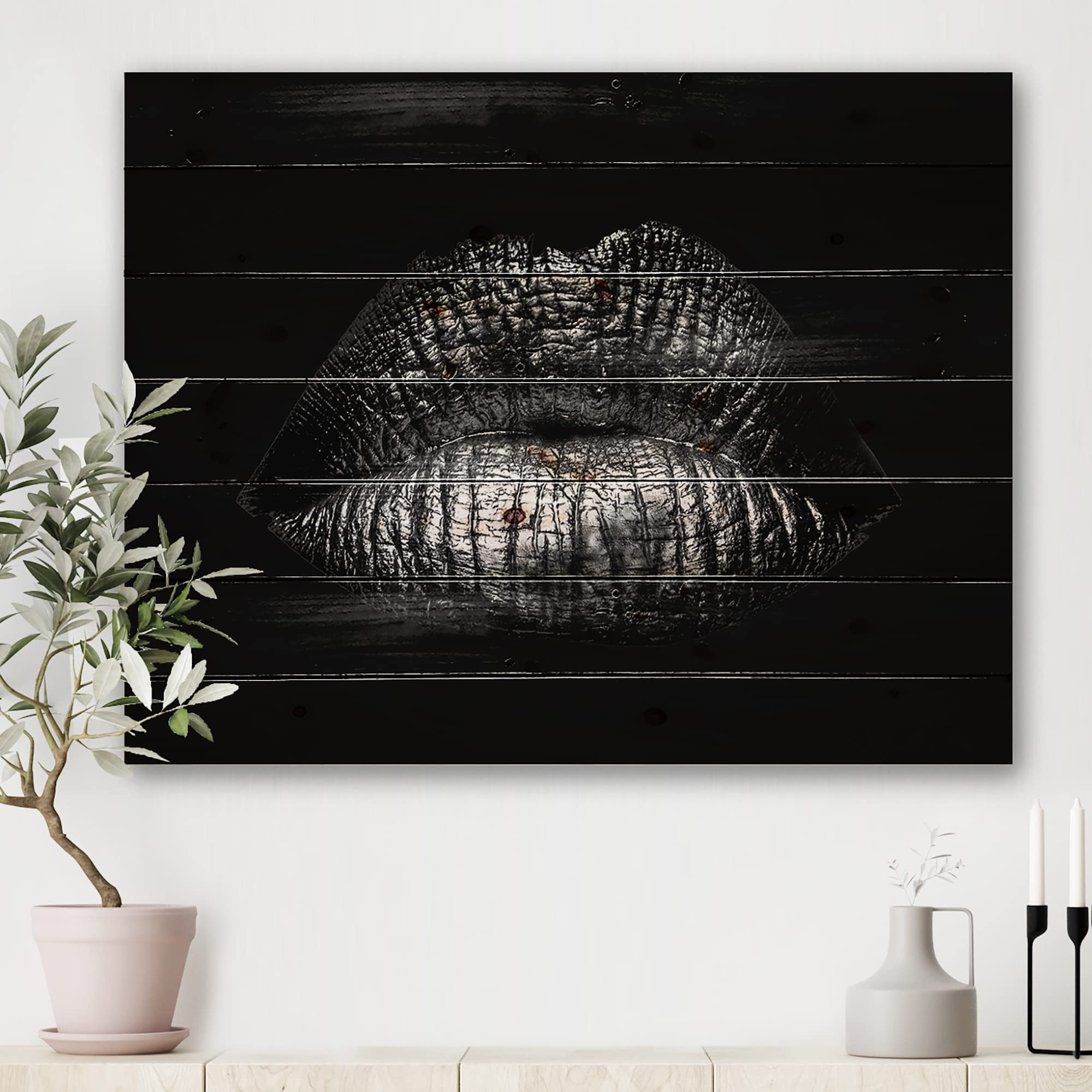 Sexy Golden Lips Wood Wall Art - Modern Black Pine Decor for Living Room