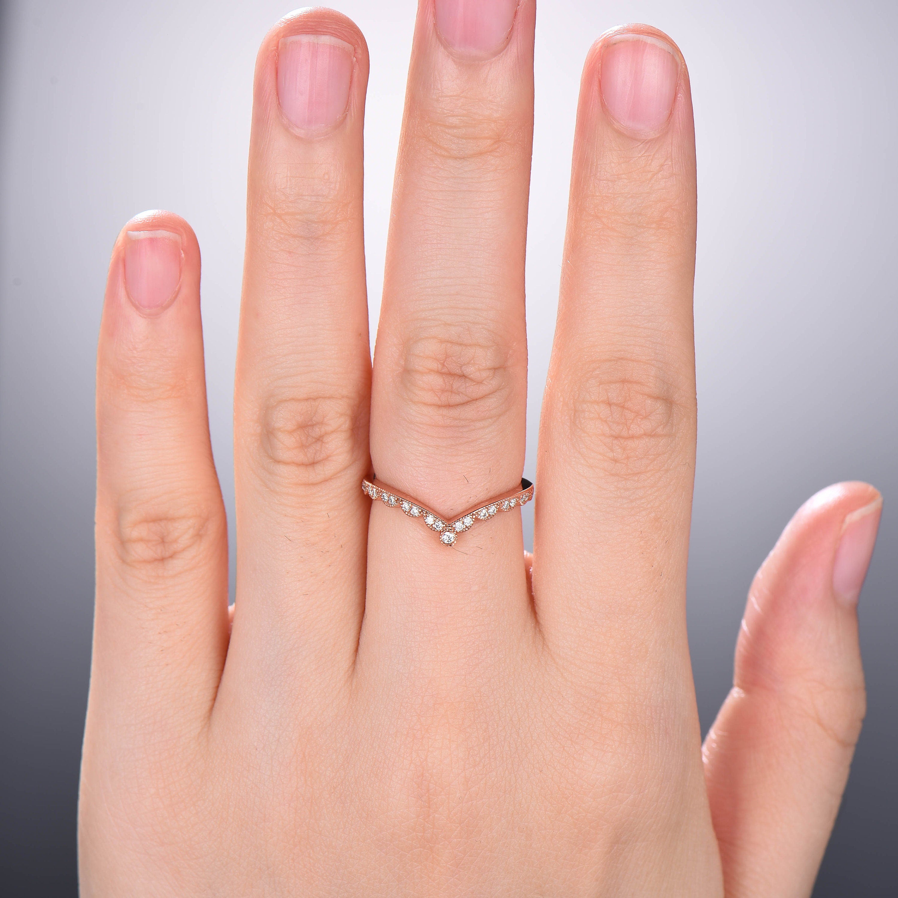 Art Deco Dainty Curved Diamond Wedding Band - Unique Rose Gold Mulgrain Stacking Ring with Moissanite - Matching Anniversary Gift for Women - Perfect for Bridal, Engagement & Stackable Jewelry