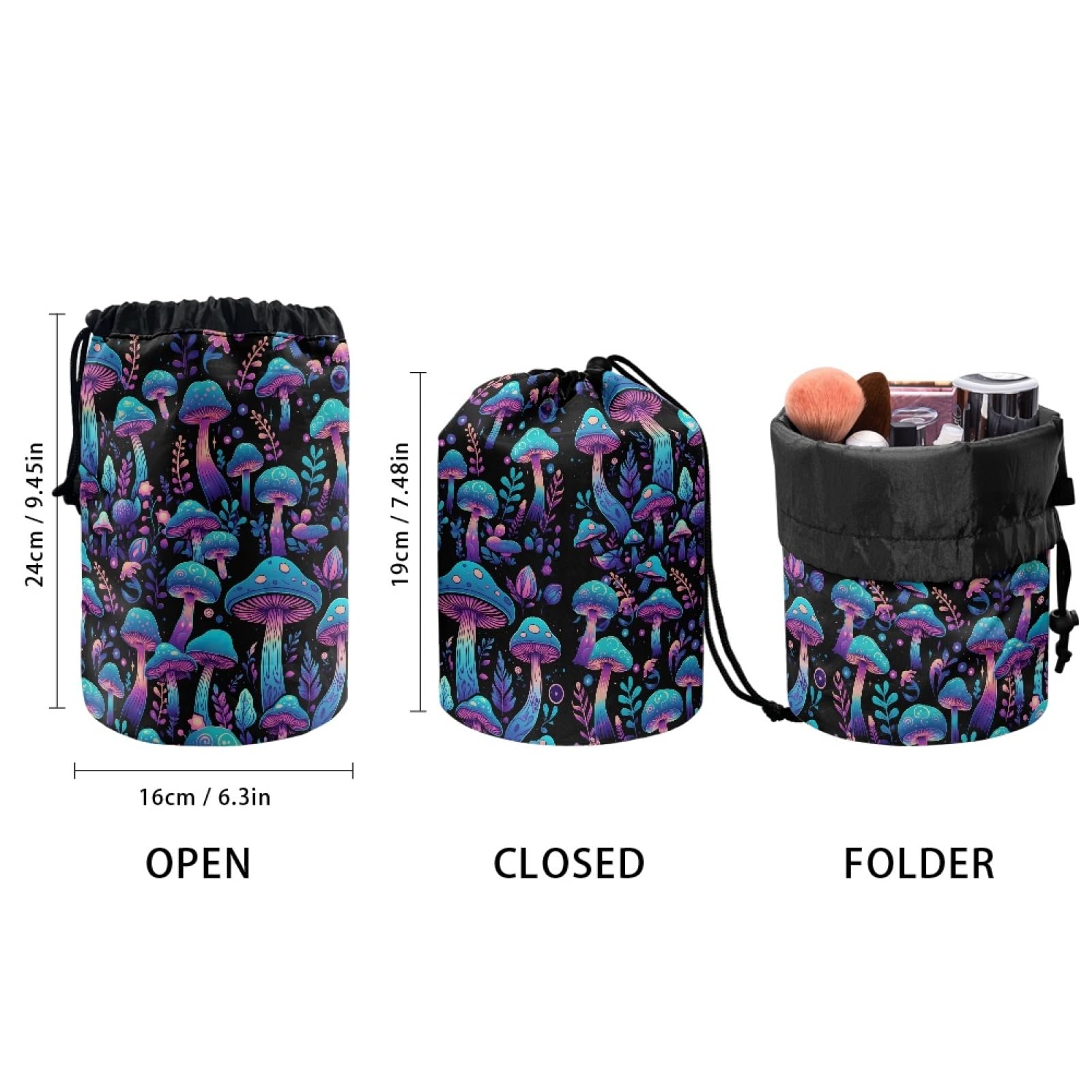 TOADDMOS Blue Purple Mushroom Print Waterproof Cosmetic Bag - Drawstring Makeup Organizer for Women | Travel Toiletry Pouch, Gym Essentials Storage, Gift Idea