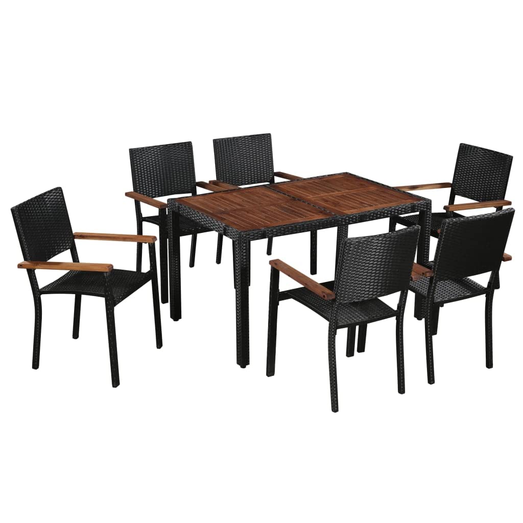 7-Piece Outdoor Dining Set - Black Poly Rattan & Acacia Wood Patio Furniture for Garden, Backyard, Restaurant, Cafe | Weather-Resistant Bistro Table and Chairs for Al Fresco Dining, Entertaining, BBQ Parties