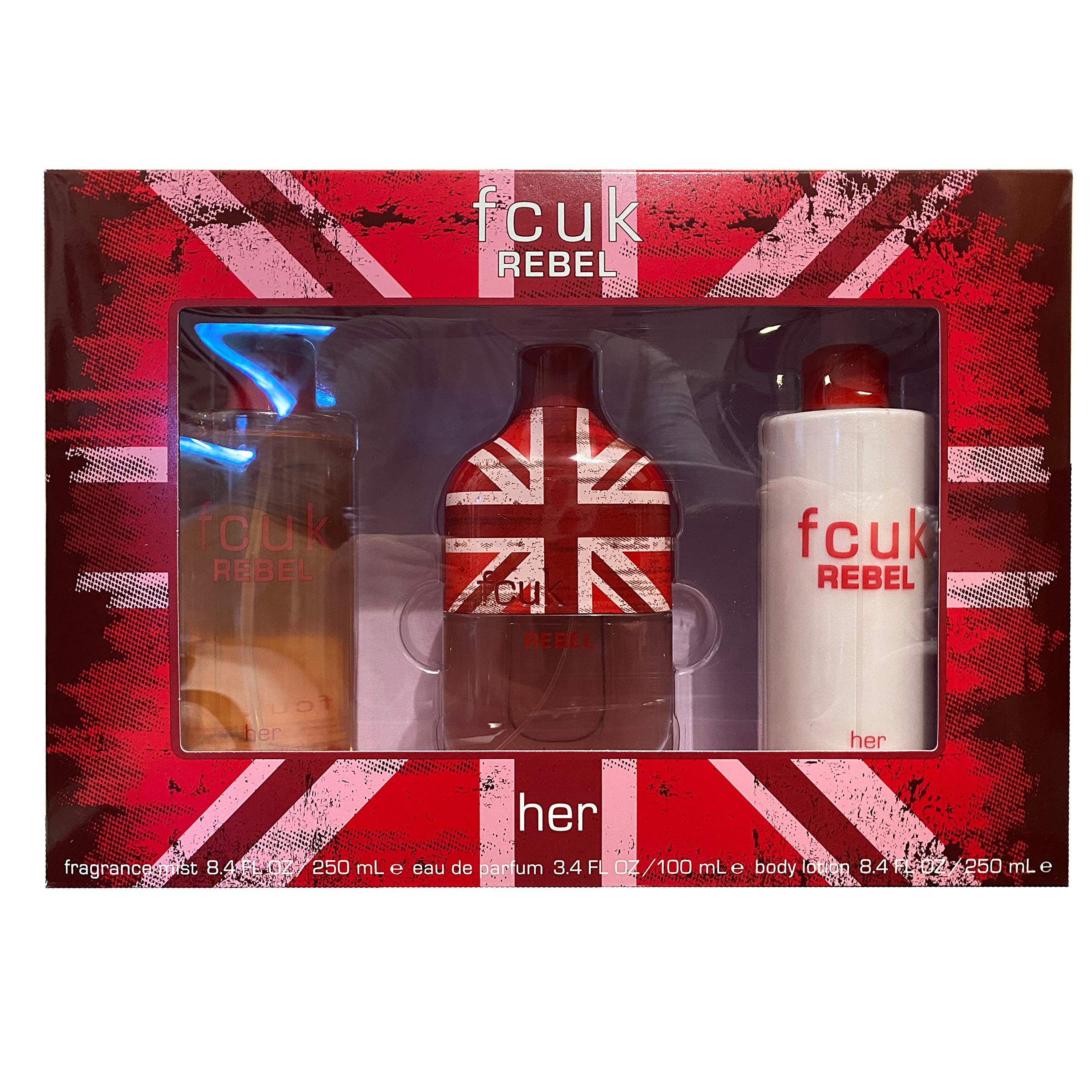 FCUK Rebel Her Gift Set for Women - 100ML EDP Spray, 250ML Body Lotion & 250ML Fragrance Mist | Luxury Fragrance Trio Set | Perfect Birthday Gift, Anniversary Present or Self-Treat