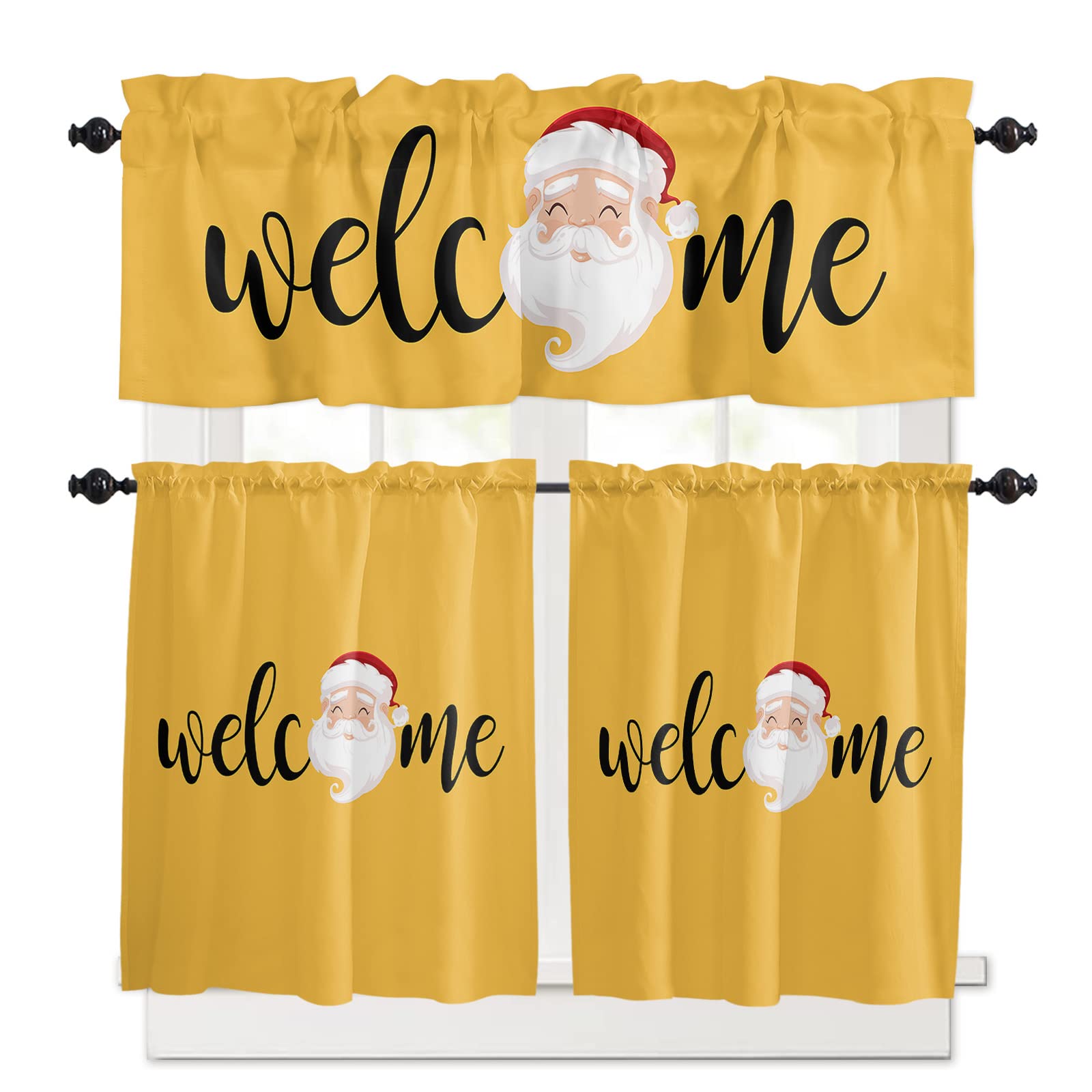 Christmas Santa Kitchen Curtains Set - 24 Inch Half Window Curtains with Rod Pocket, Yellow Merry Christmas Decor for Bedroom, Cafe & Bathroom - Perfect for Holiday Home Decor & Seasonal Window Treatments