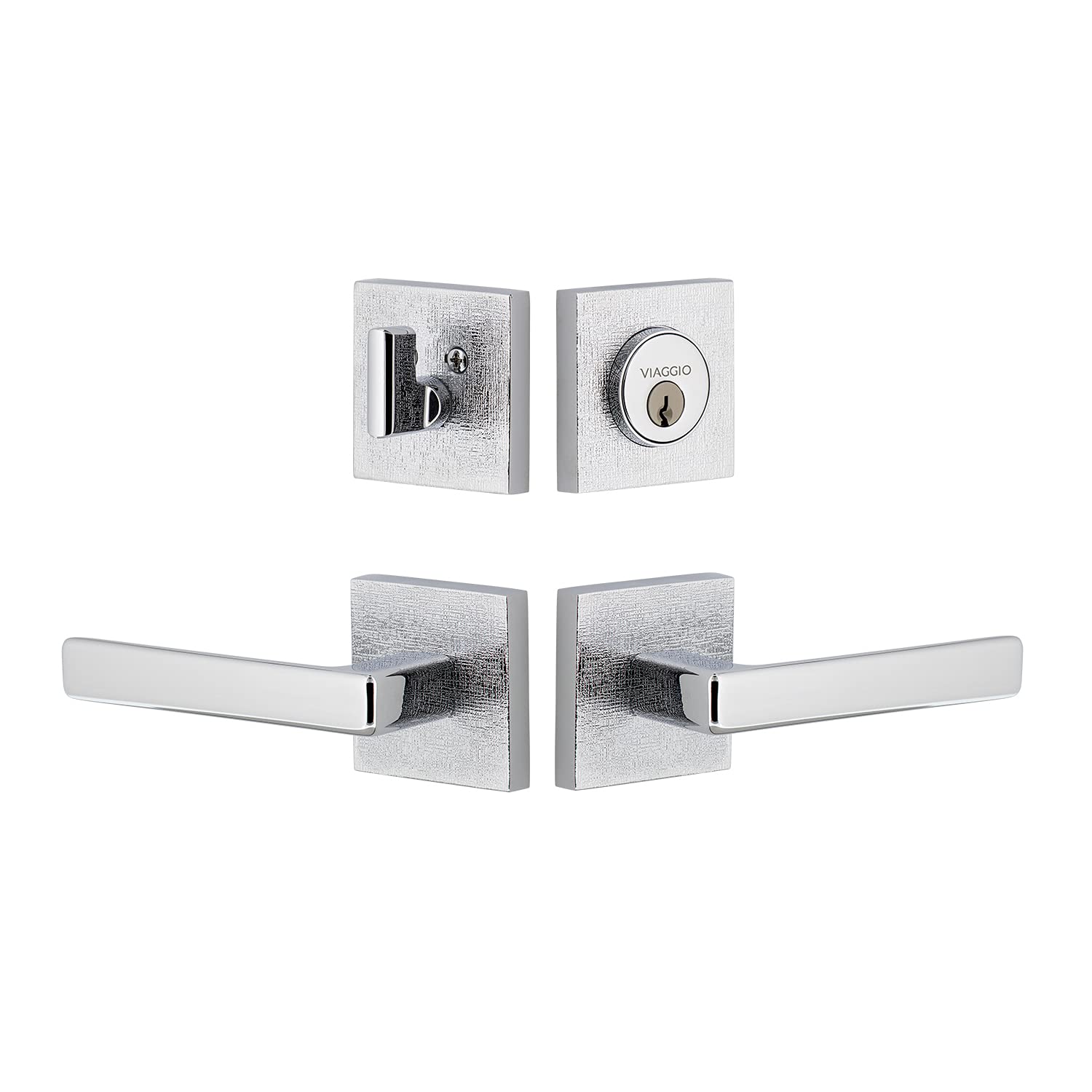 Viaggio 630373 Bright Chrome Quadrato Linen Rosette Luxury Lever and Matching Deadbolt Set - 2-3/4