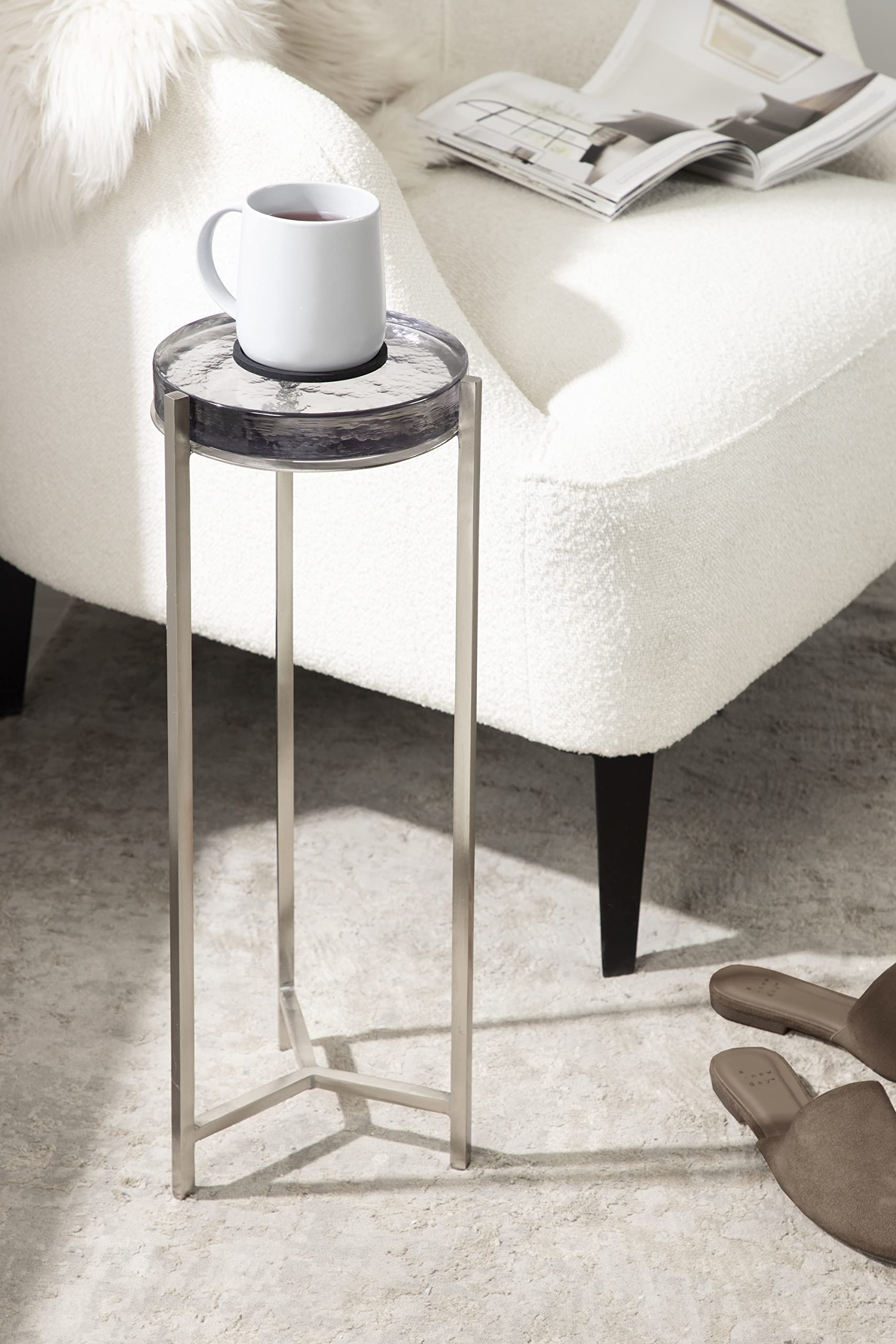 Kate & Laurel Aguilar Modern Side Table - 9x9x23 Inches, Silver Metal Frame with Tinted Glass Top - Compact Accent Table for Small Spaces | Perfect for Living Room, Bedroom, or Office Decor