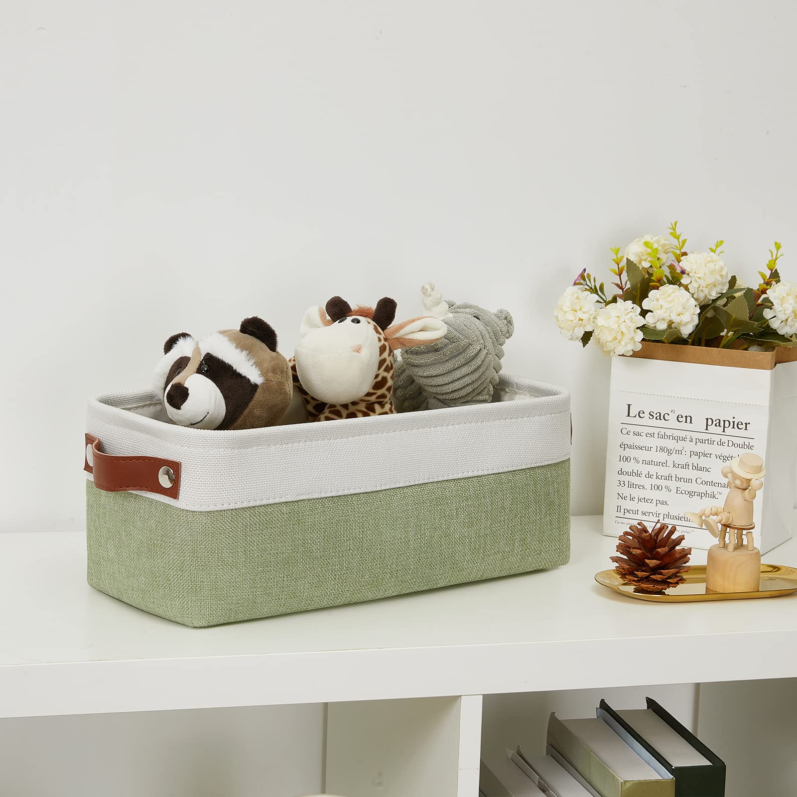 DULLEMELO Narrow Bathroom Storage Basket with Handles - Canvas Toilet Paper & Magazine Organizer for Bathroom (White & Green) | Perfect for Small Spaces, Apartment Bathrooms & Clutter-Free Organization