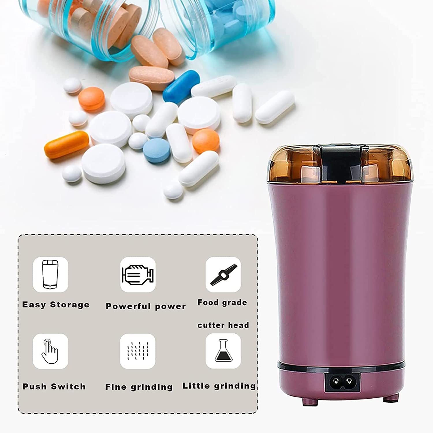 Electric Pill Crusher Grinder - Fine Powder Electronic Pulverizer for Medication & Vitamins - Perfect for Feeding Tubes, Kids, Elderly & Pets - Portable Purple Tablet Crusher (Ideal for Home Care, Nursing Homes & Travel Use)