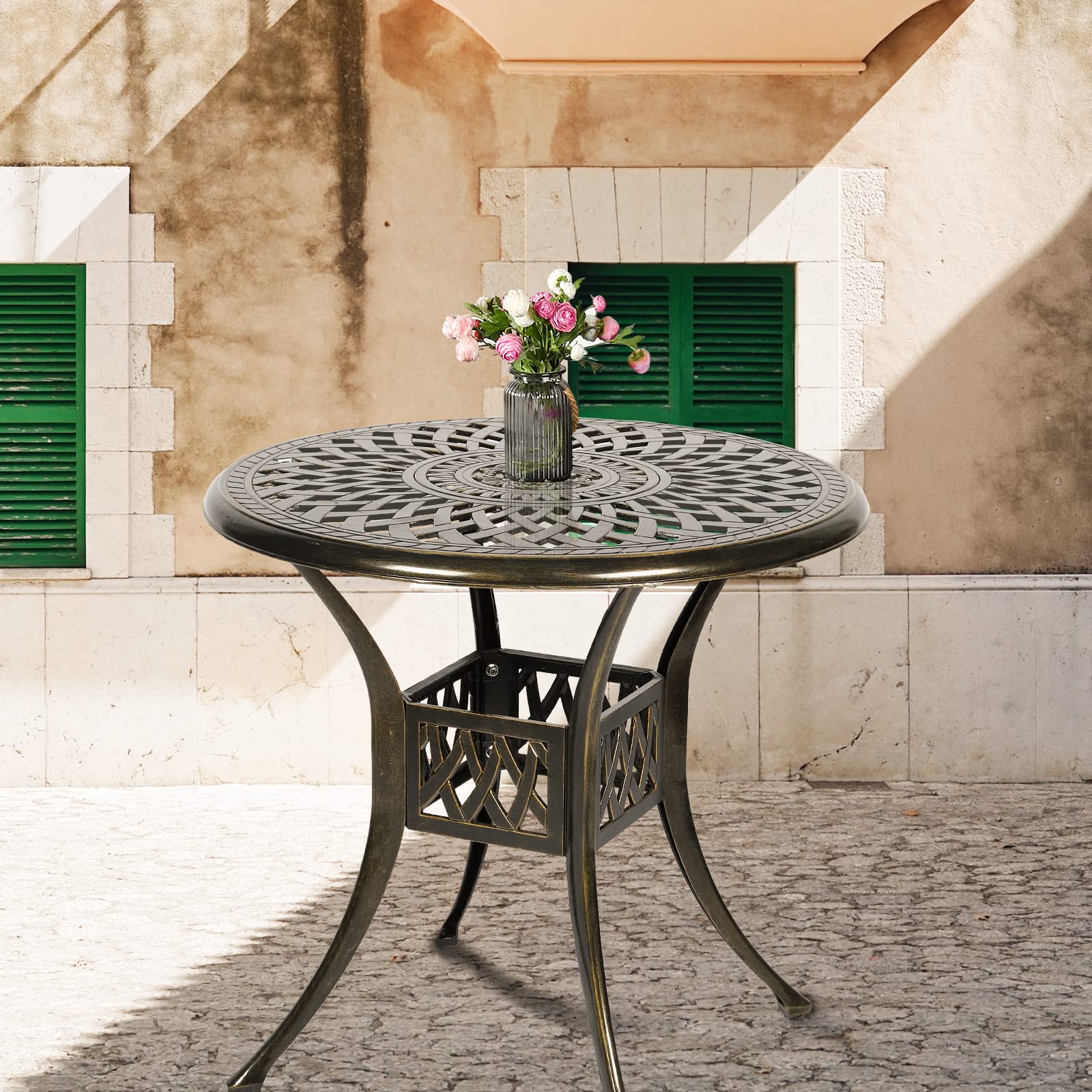 31 Inch Round Outdoor Dining Table - Bronze Cast Aluminum Patio Bistro Table with Umbrella Hole - Rustic Large Table for Backyard, Garden & Poolside Gatherings