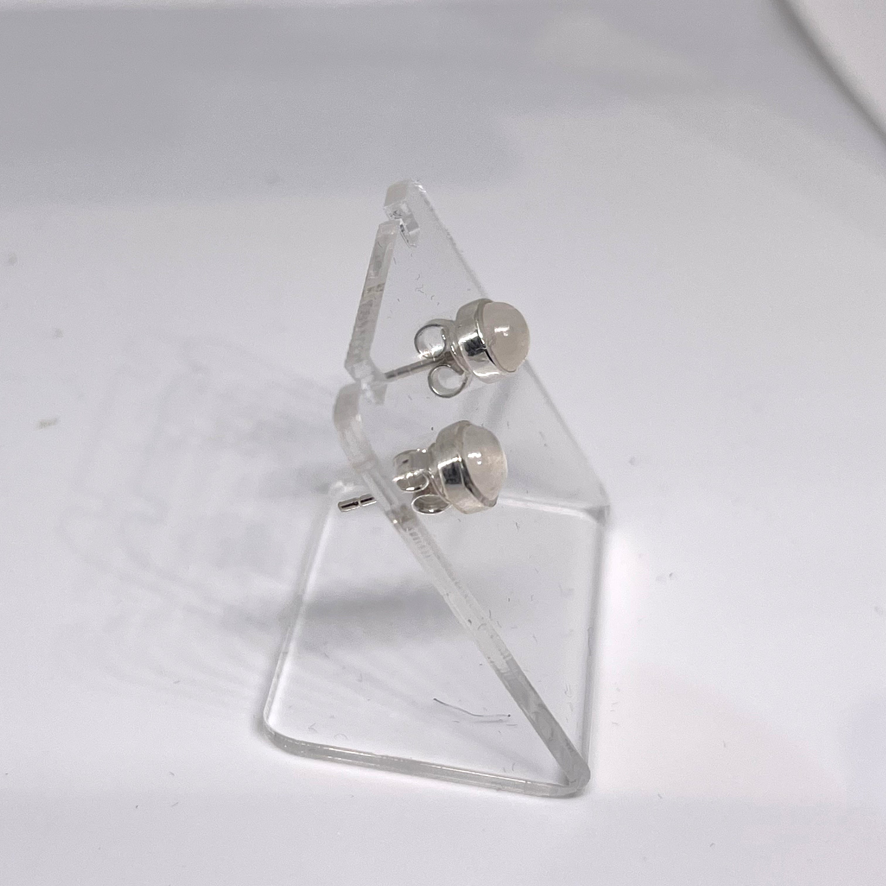 5.5mm Moonstone Stud Earrings - High Grade Round Cabochon Bezel Set Jewelry (PSE021) - Perfect for Weddings, Parties & Everyday Wear