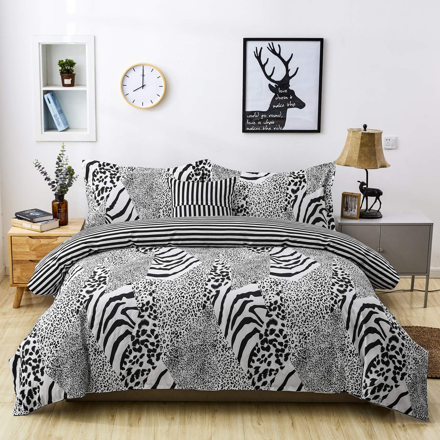 Leopard Print Duvet Cover Set Full Size - Black & White Zebra Giraffe Tiger Stripes Bedding - Safari Animal Print Comforter Cover with 2 Pillow Shams - Perfect for Jungle Themed Bedrooms & Wild Animal Lovers