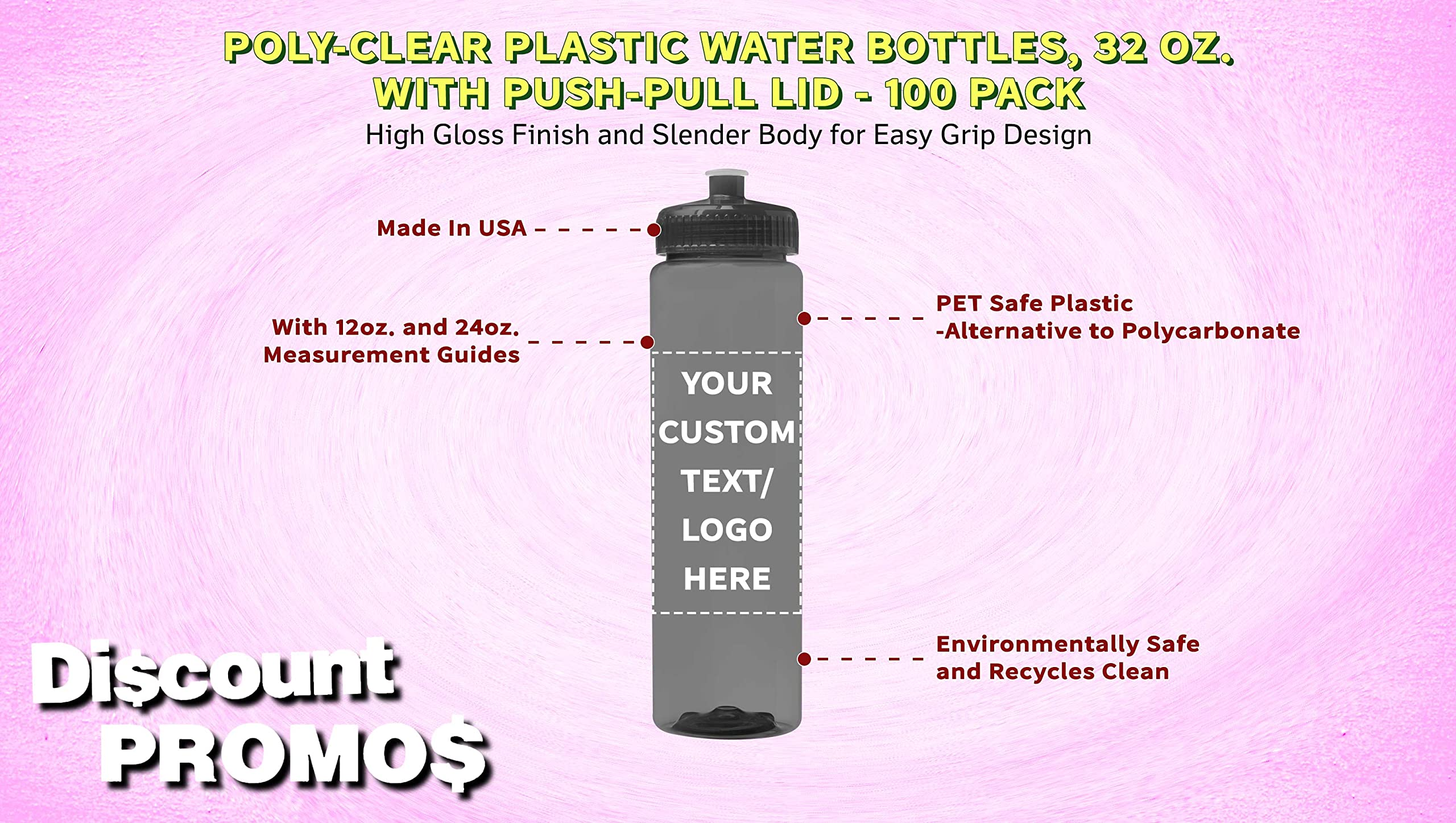 100 Pack 32oz Clear Plastic Water Bottles with Push-Pull Lids - Custom Text & Logo Printing - Durable, Leak-Proof, BPA-Free - Ideal for Sports, Gym, Office & Outdoor Activities - Transparent Smoke Color