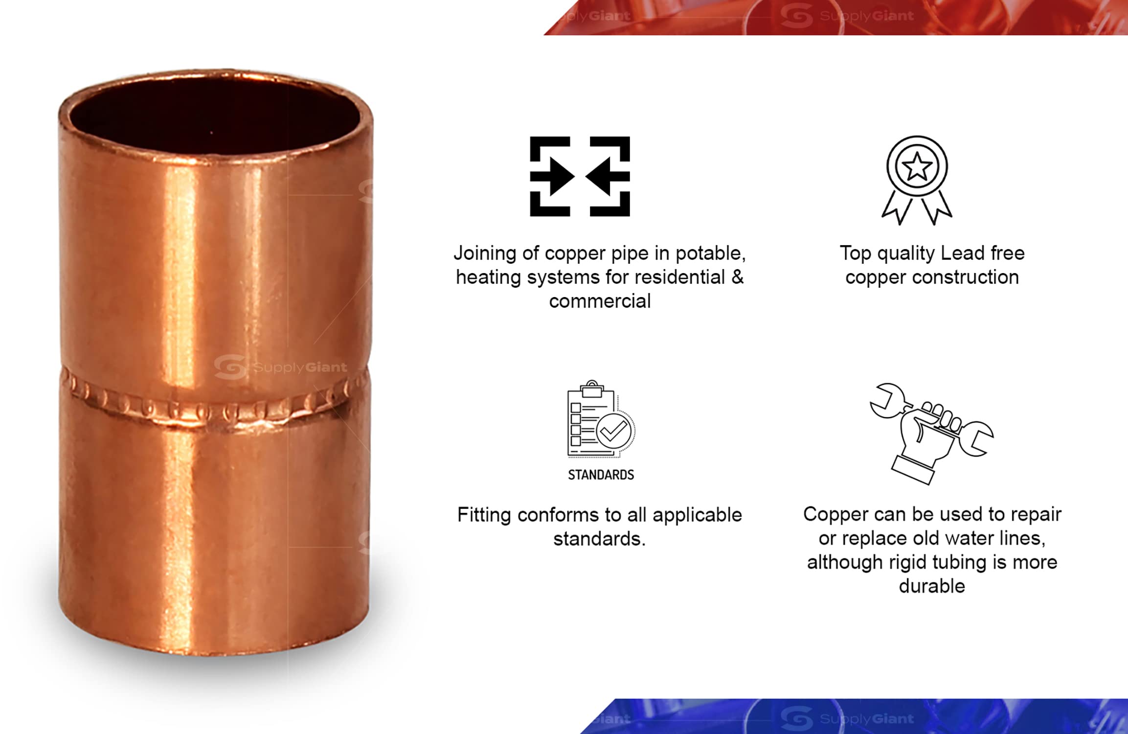 2 Inch DDSD0200 Straight Copper Coupling with Sweat Sockets & Rolled Tube Stop - Plumbing Fittings for Water Supply & HVAC Systems