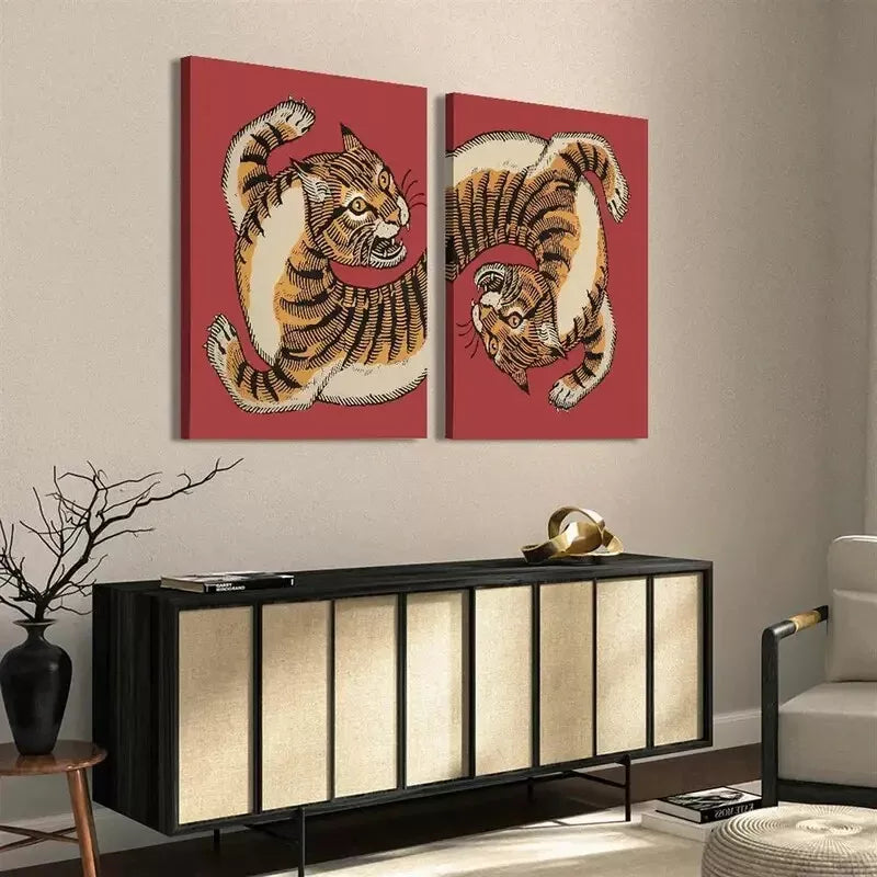 2Pcs Tiger Retro Decorative Canvas Painting - Framed Wall Art 50x75cm | High Quality Print | 100% Australian Made | Ready to Hang | Perfect for Living Room, Bedroom & Office Decor